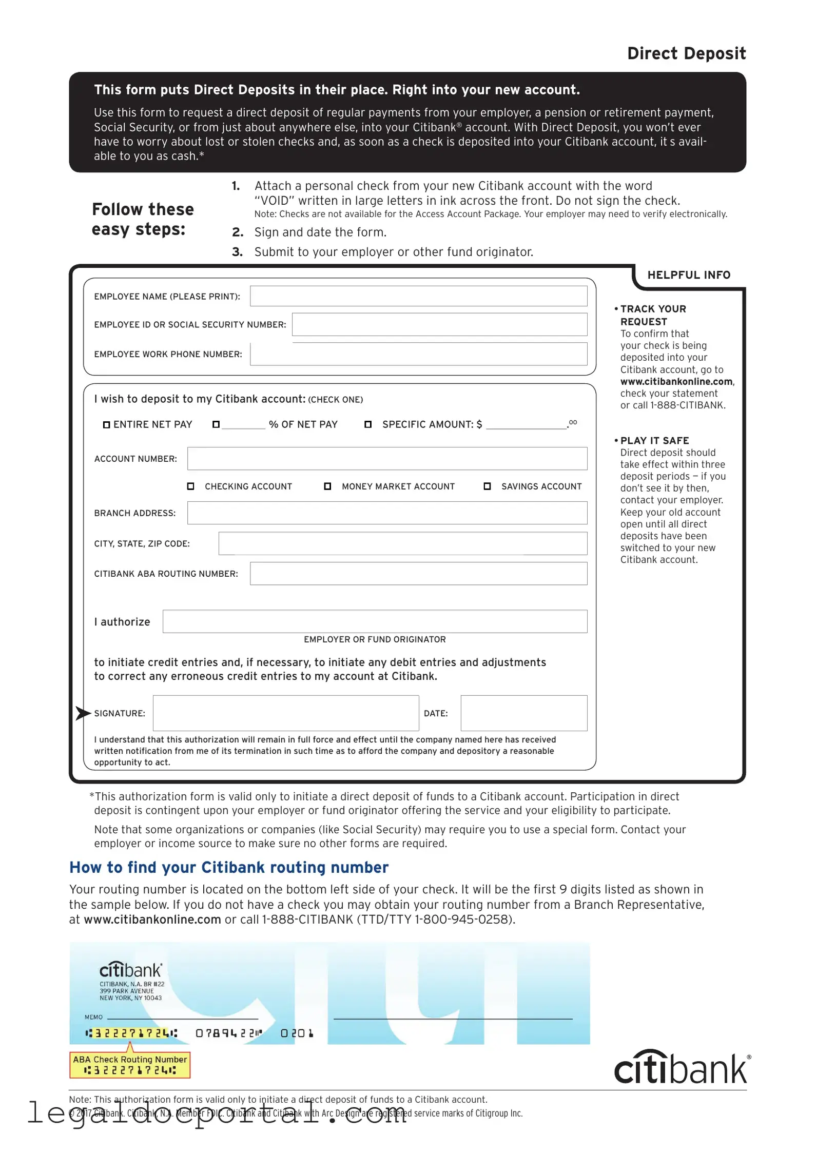 Printable Citibank Direct Deposit Form