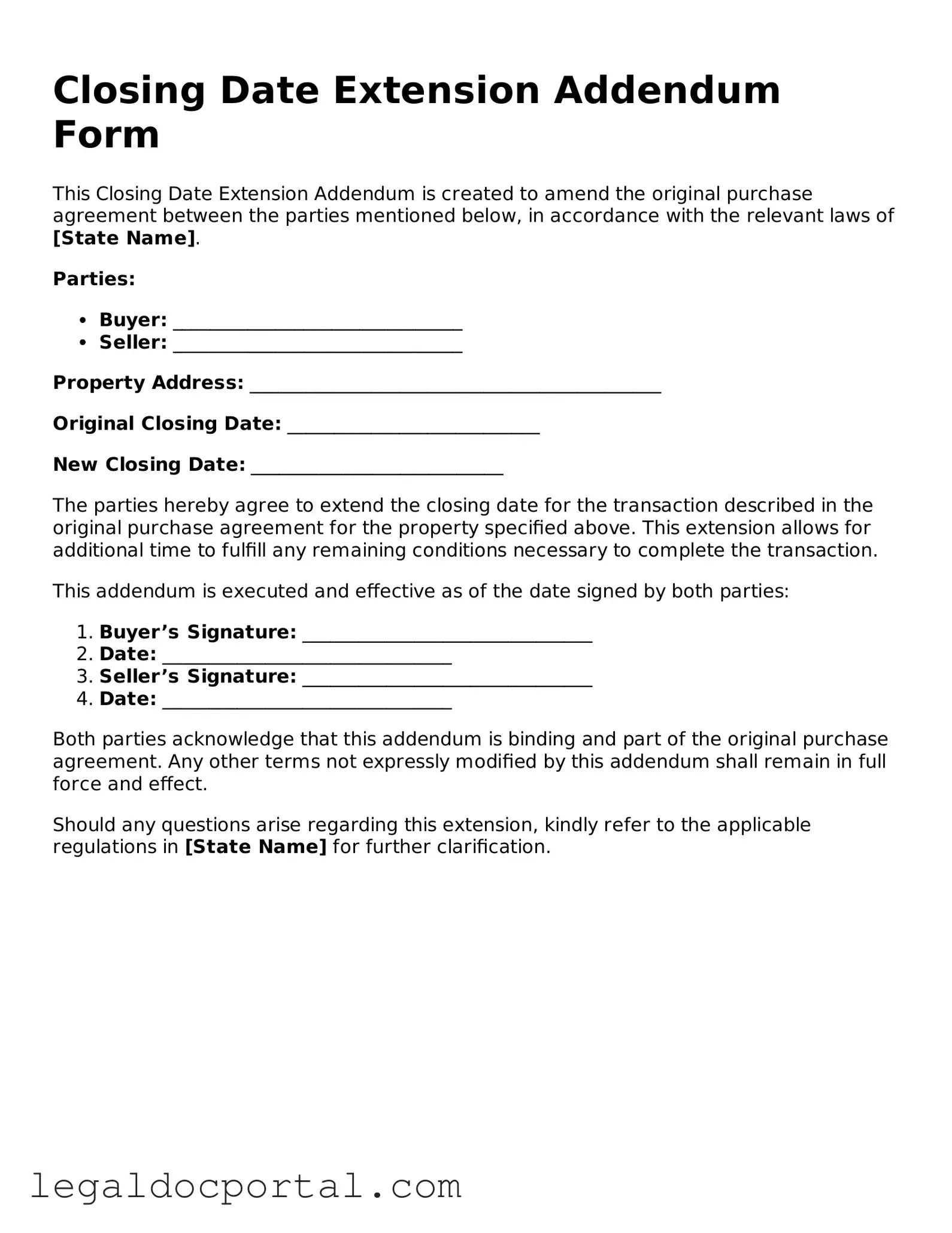 Official Closing Date Extension Addendum Form Document