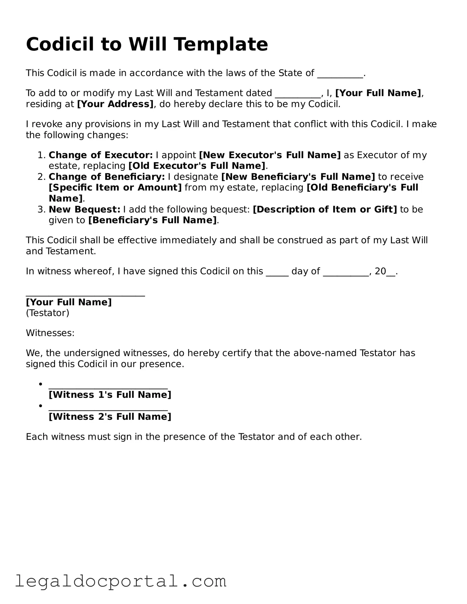 Official Codicil to Will Document
