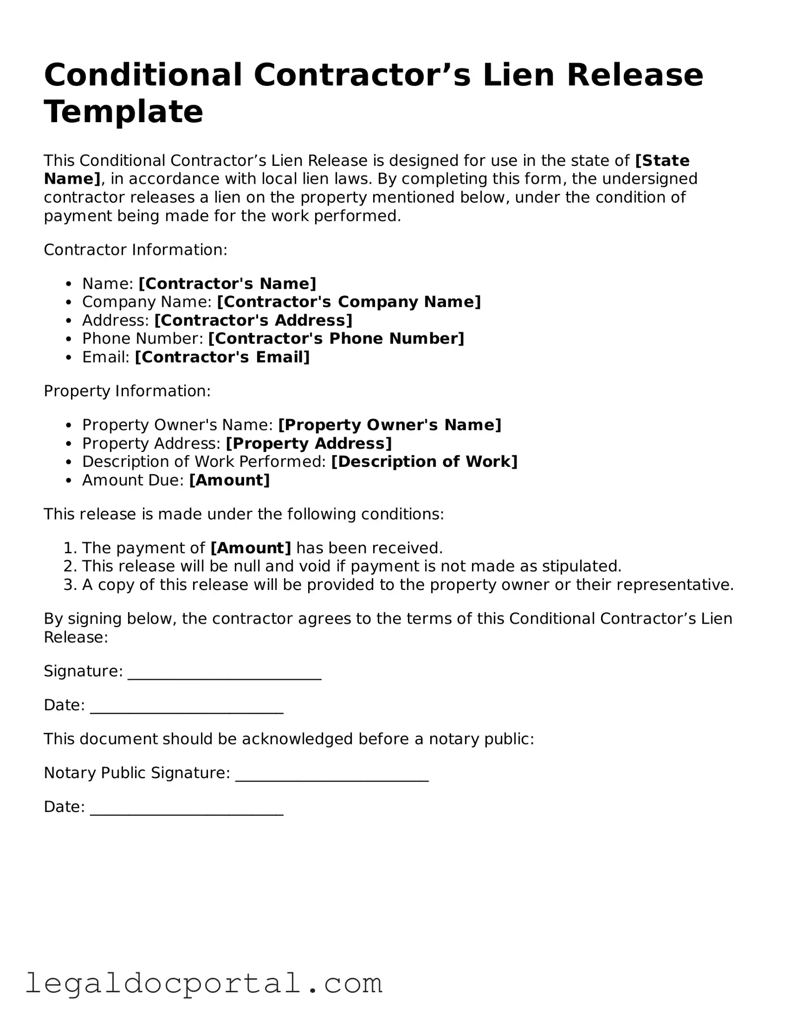 Official Conditional Contractor’s Lien Release Document