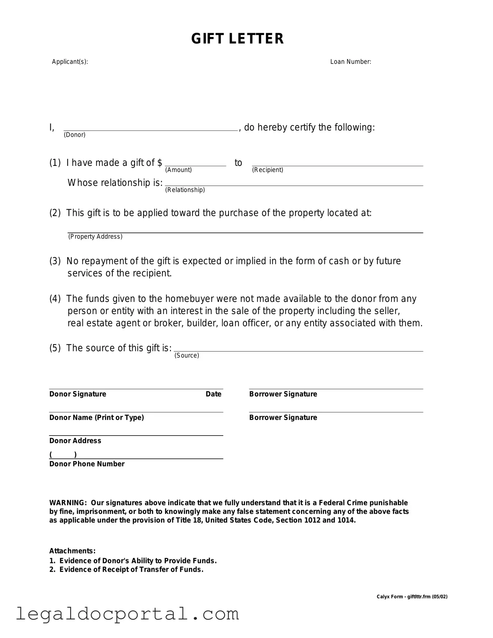 Printable Gift Letter Form