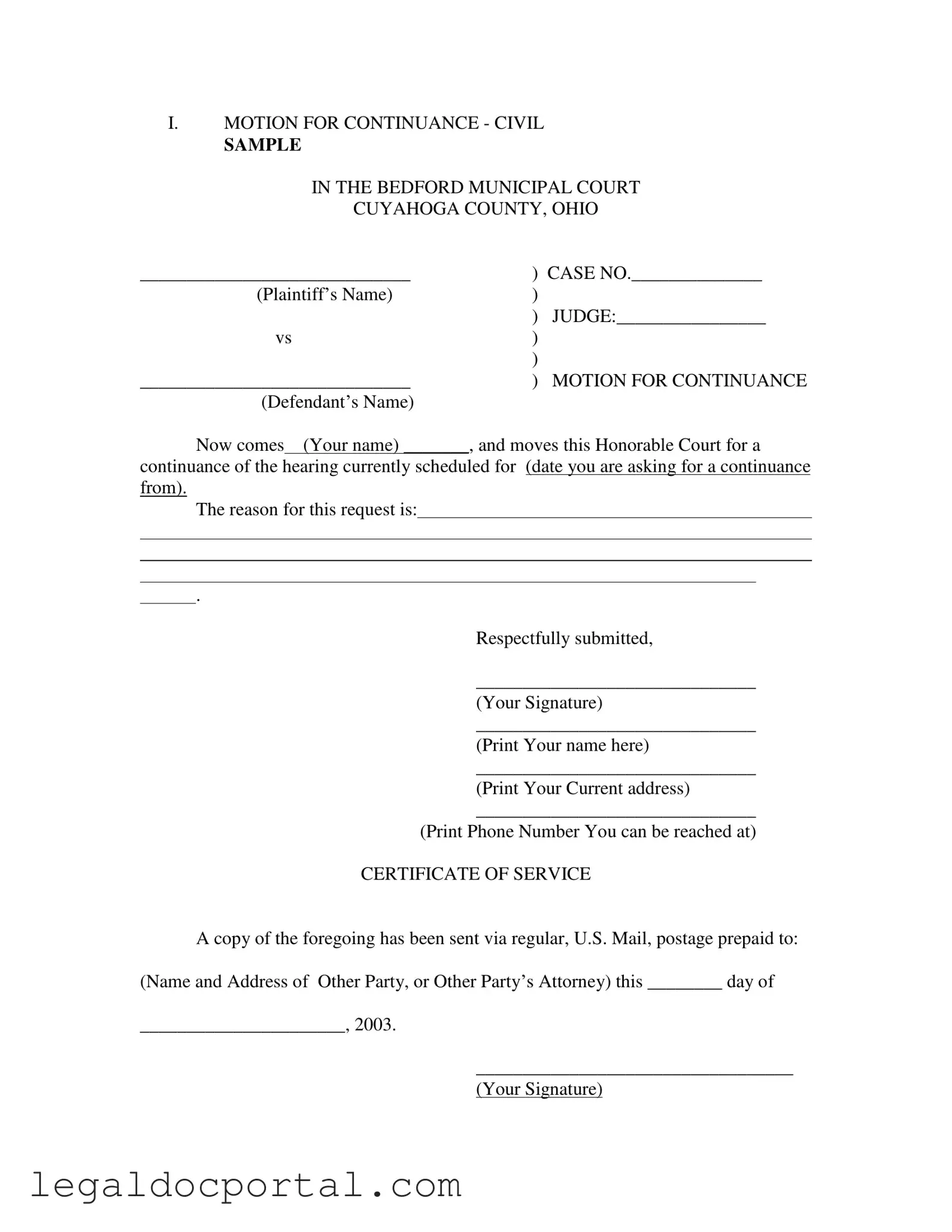 Printable Motion For Continuance Form