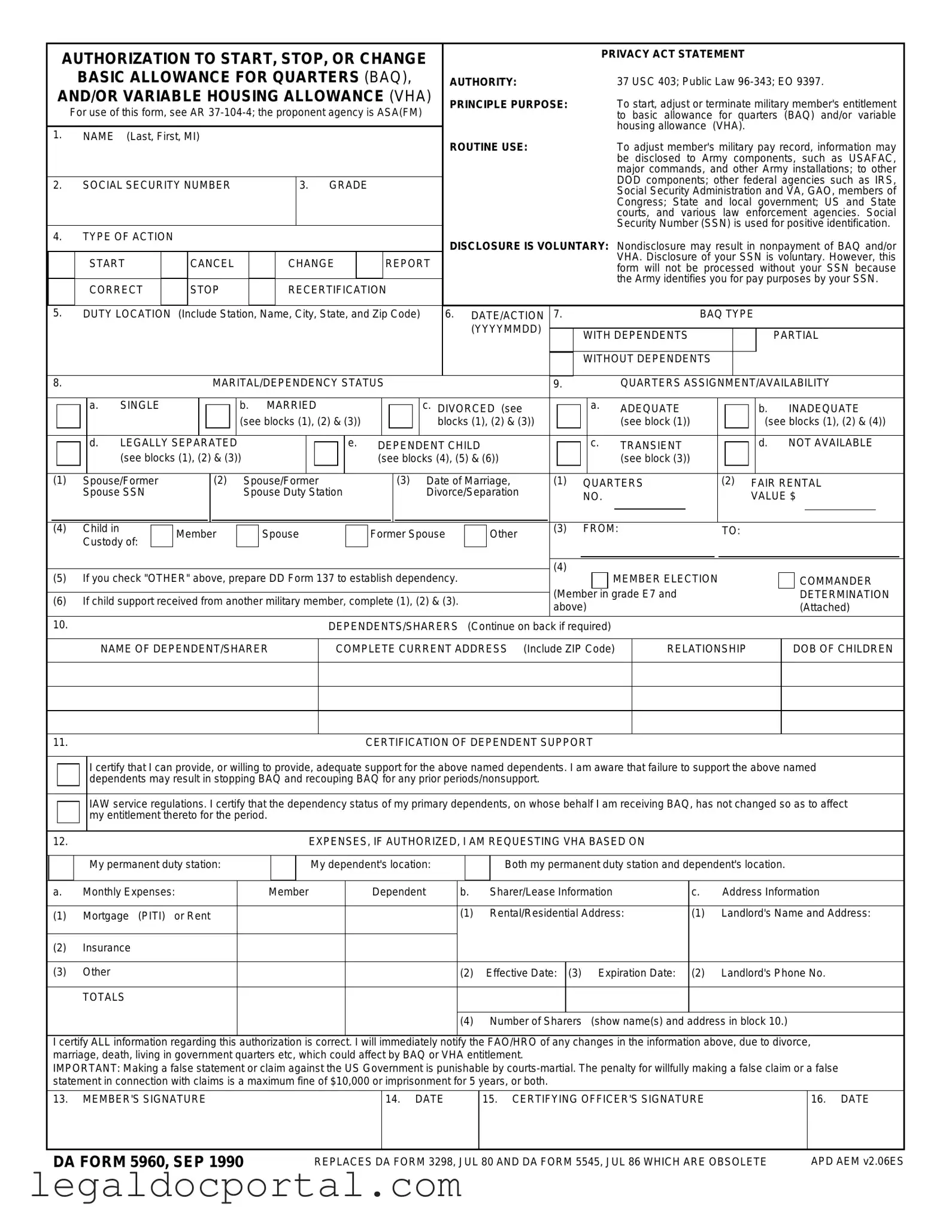 Printable DA 5960 Form