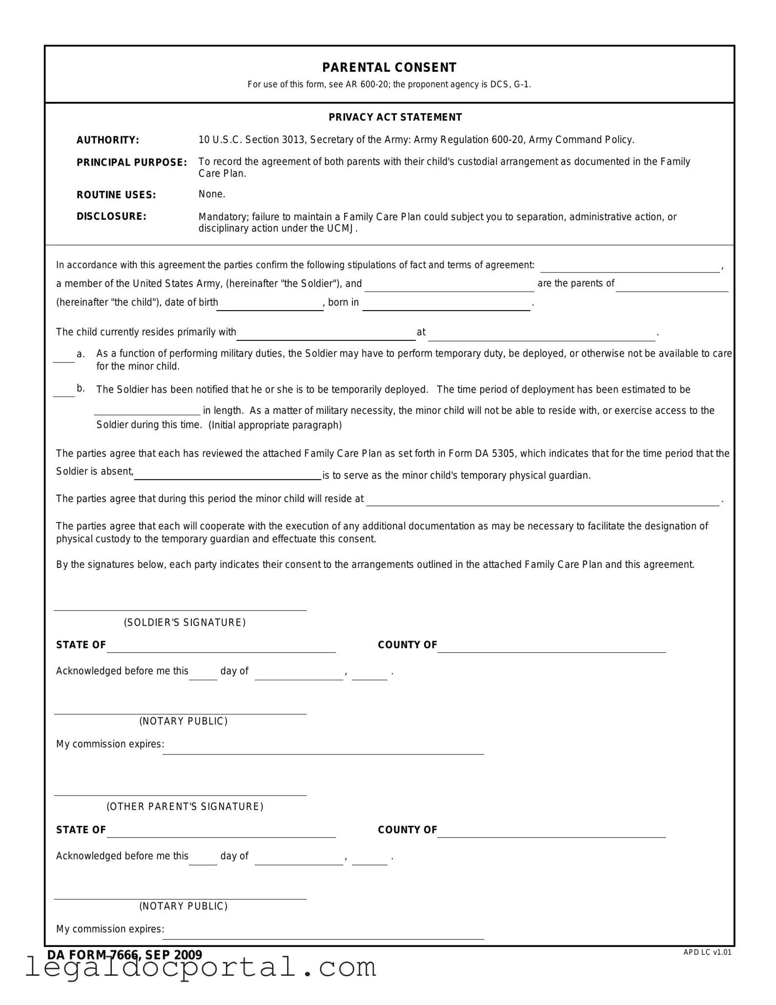 Printable DA 7666 Form