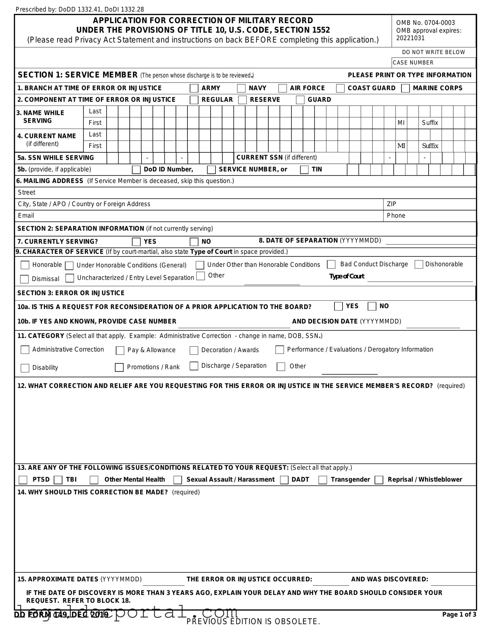 Printable DD 149 Form