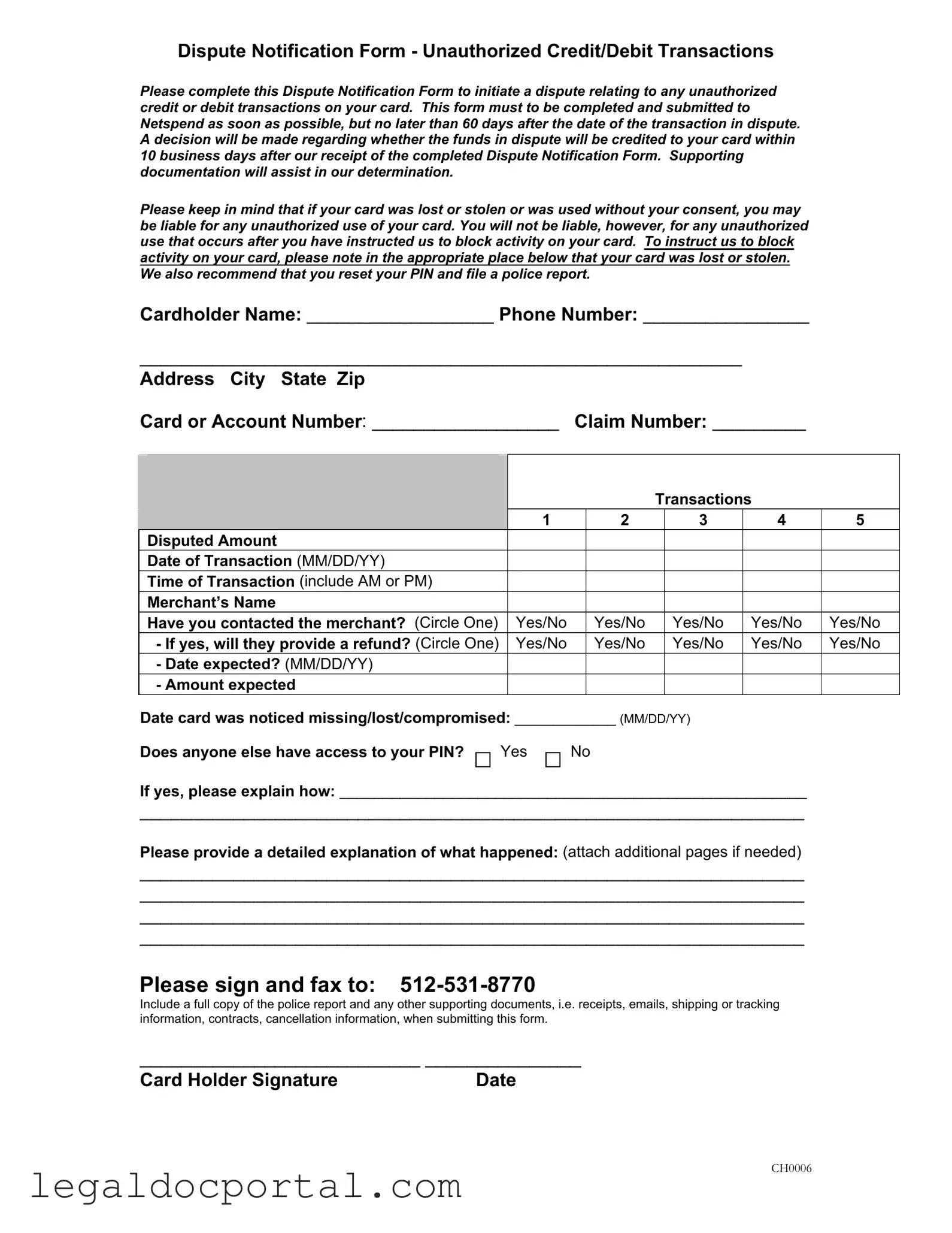 Printable Netspend Dispute Form