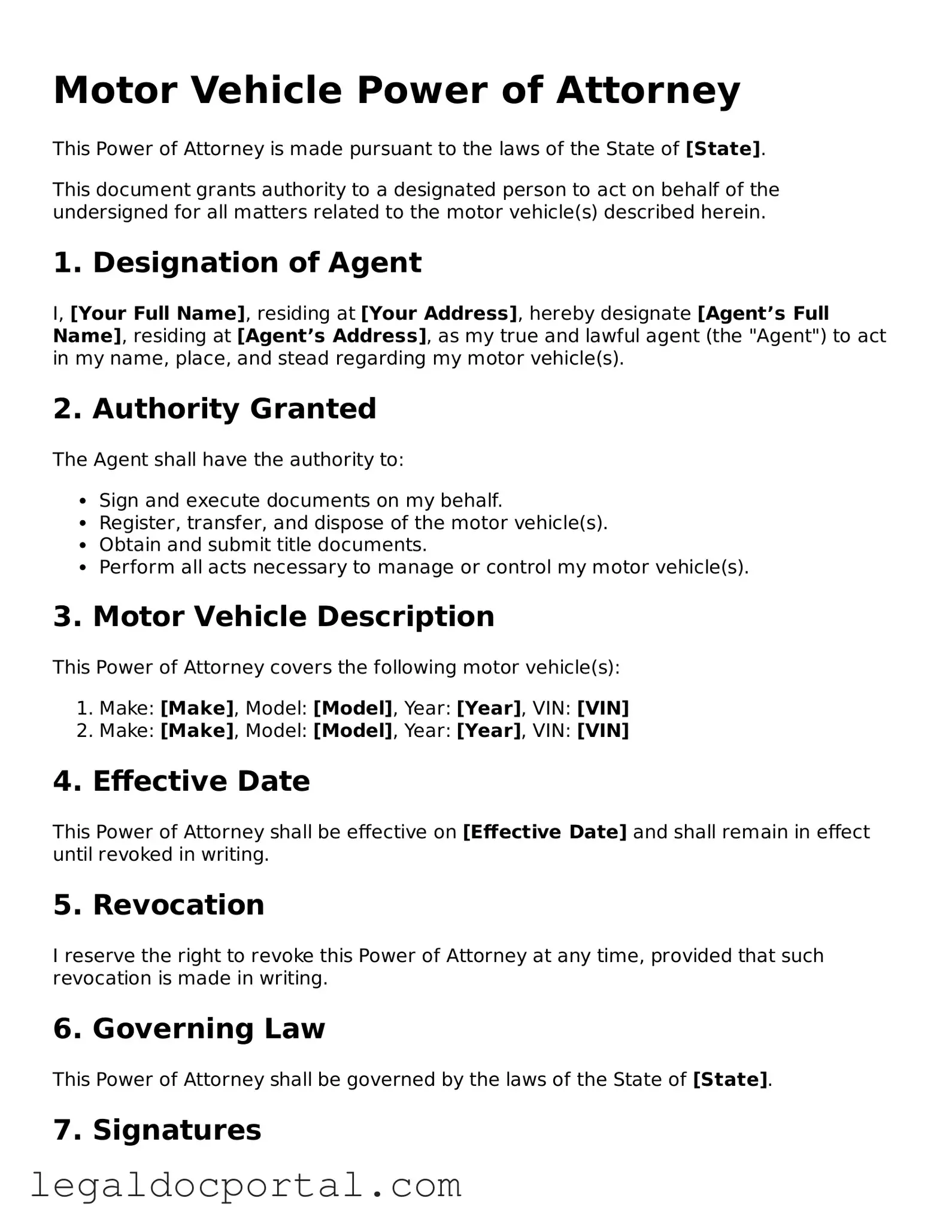 Official Motor Vehicle Power of Attorney Document