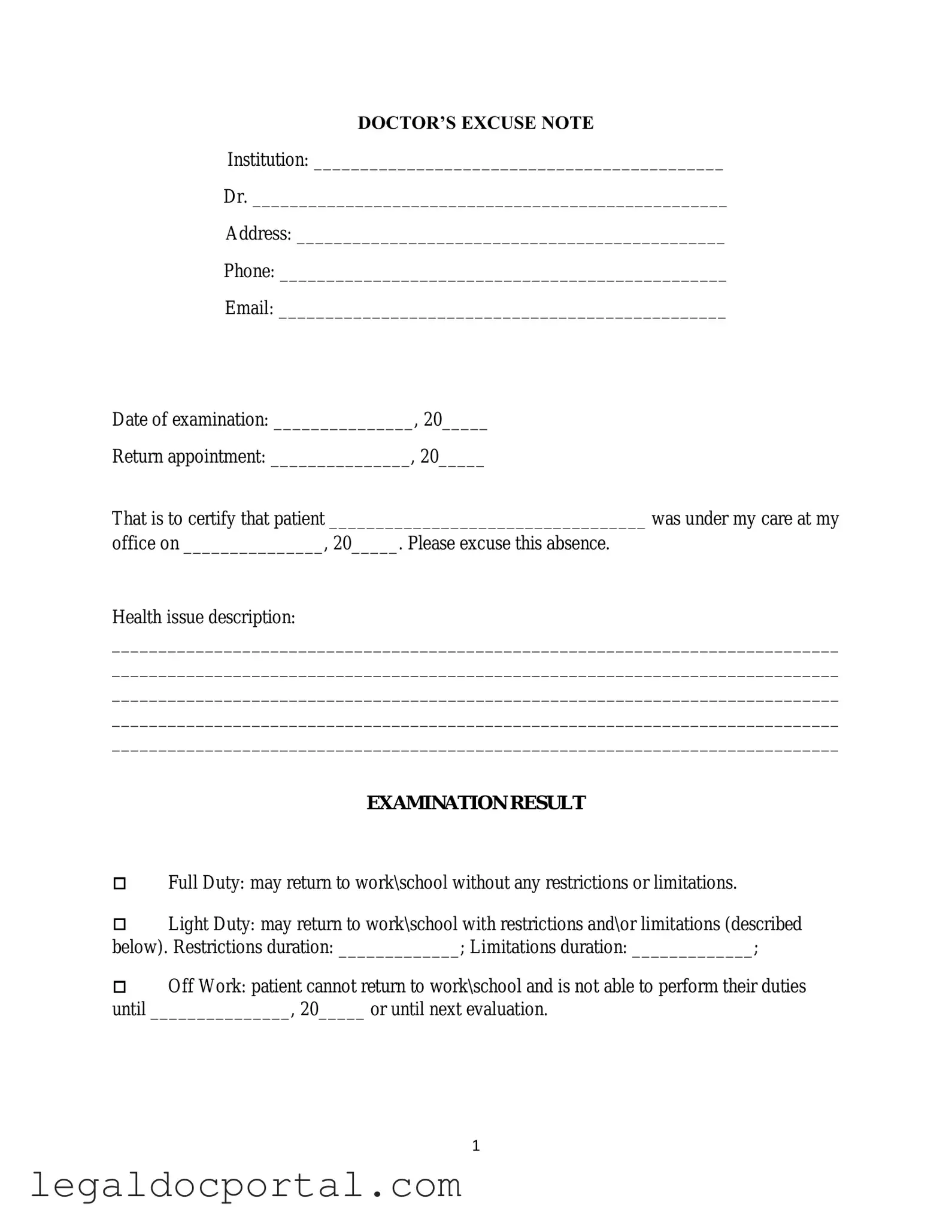 Printable Doctors Excuse Note Form