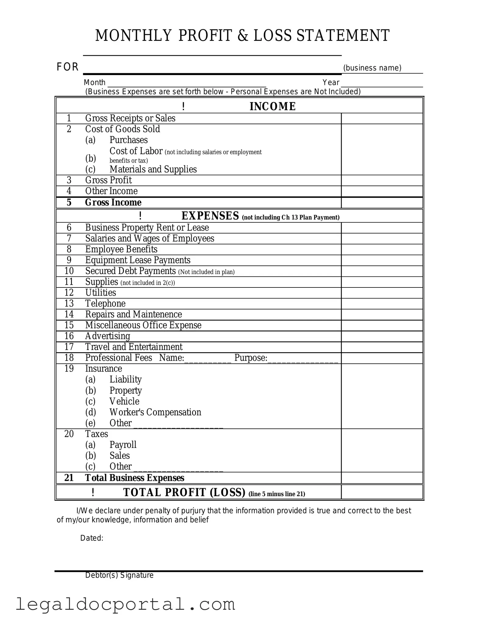 Printable Profit And Loss Form