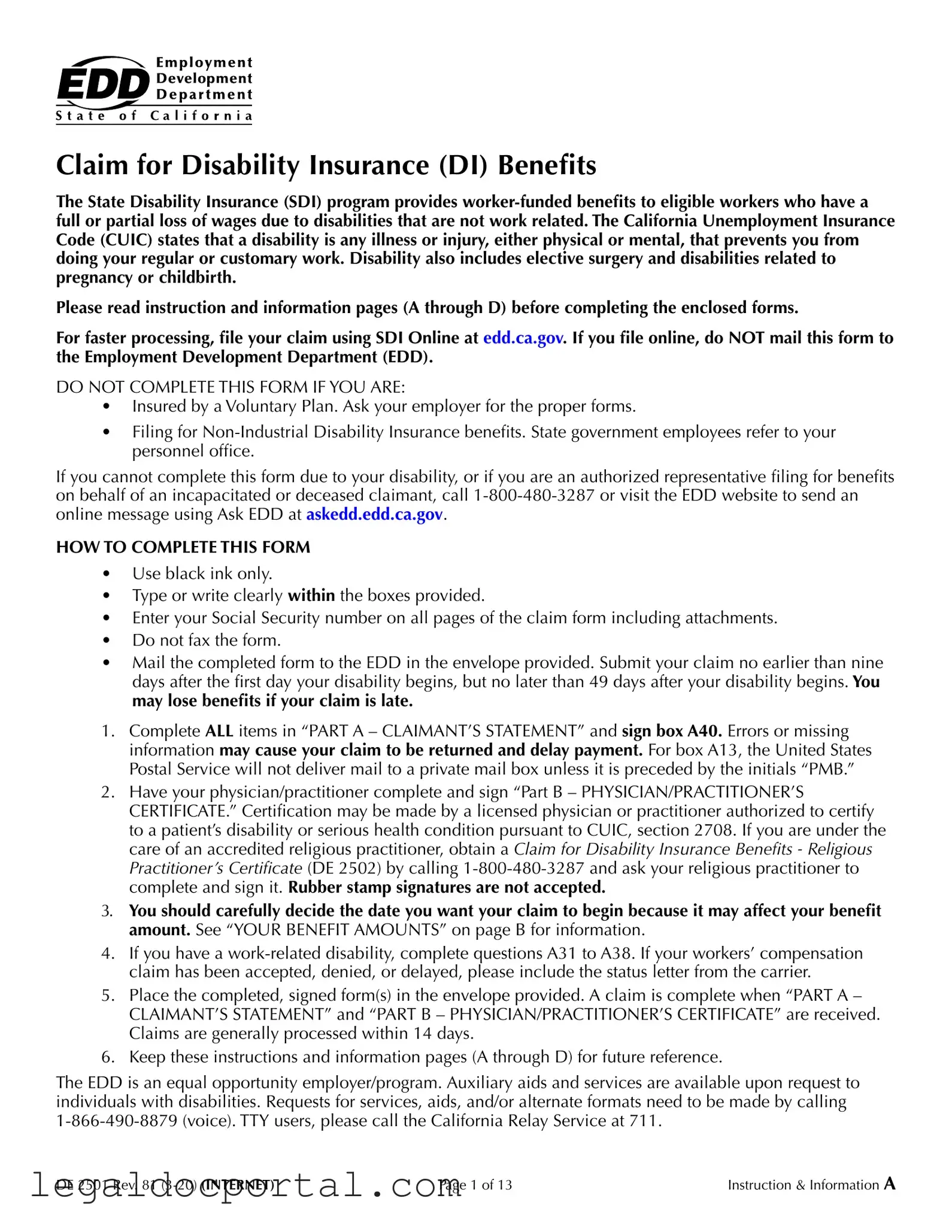 Printable EDD DE 2501 Form