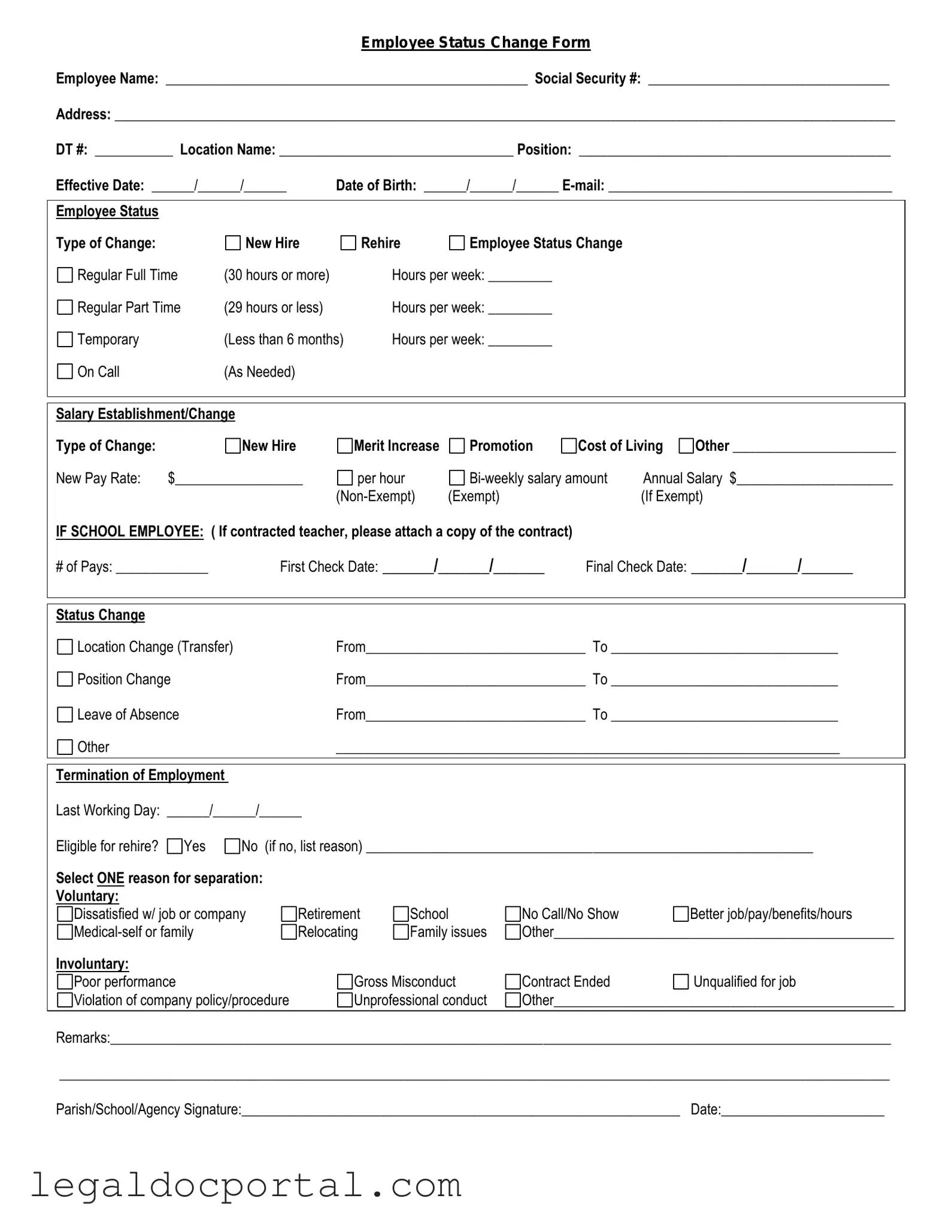 Printable Employee Status Change Form