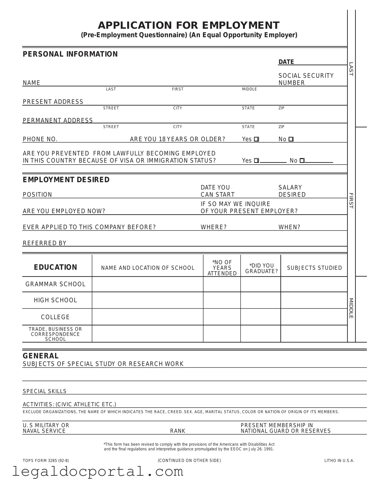 Printable Employment Application Pdf Form