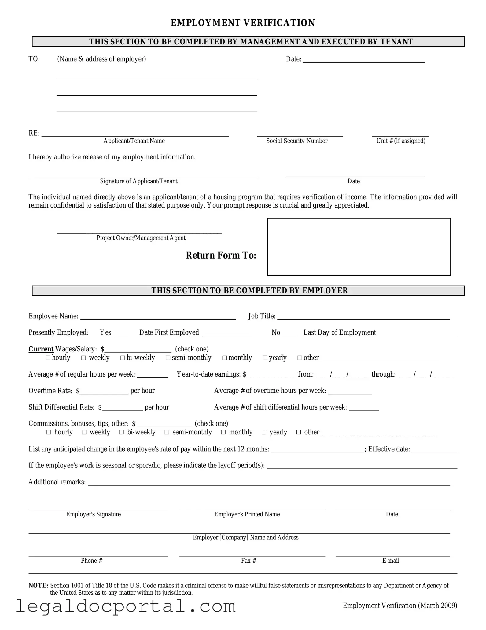 Printable Employment verification form Form