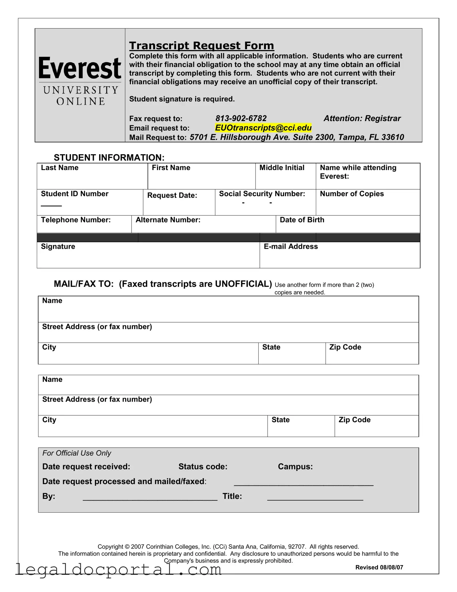 Printable Everest University Transcript Form