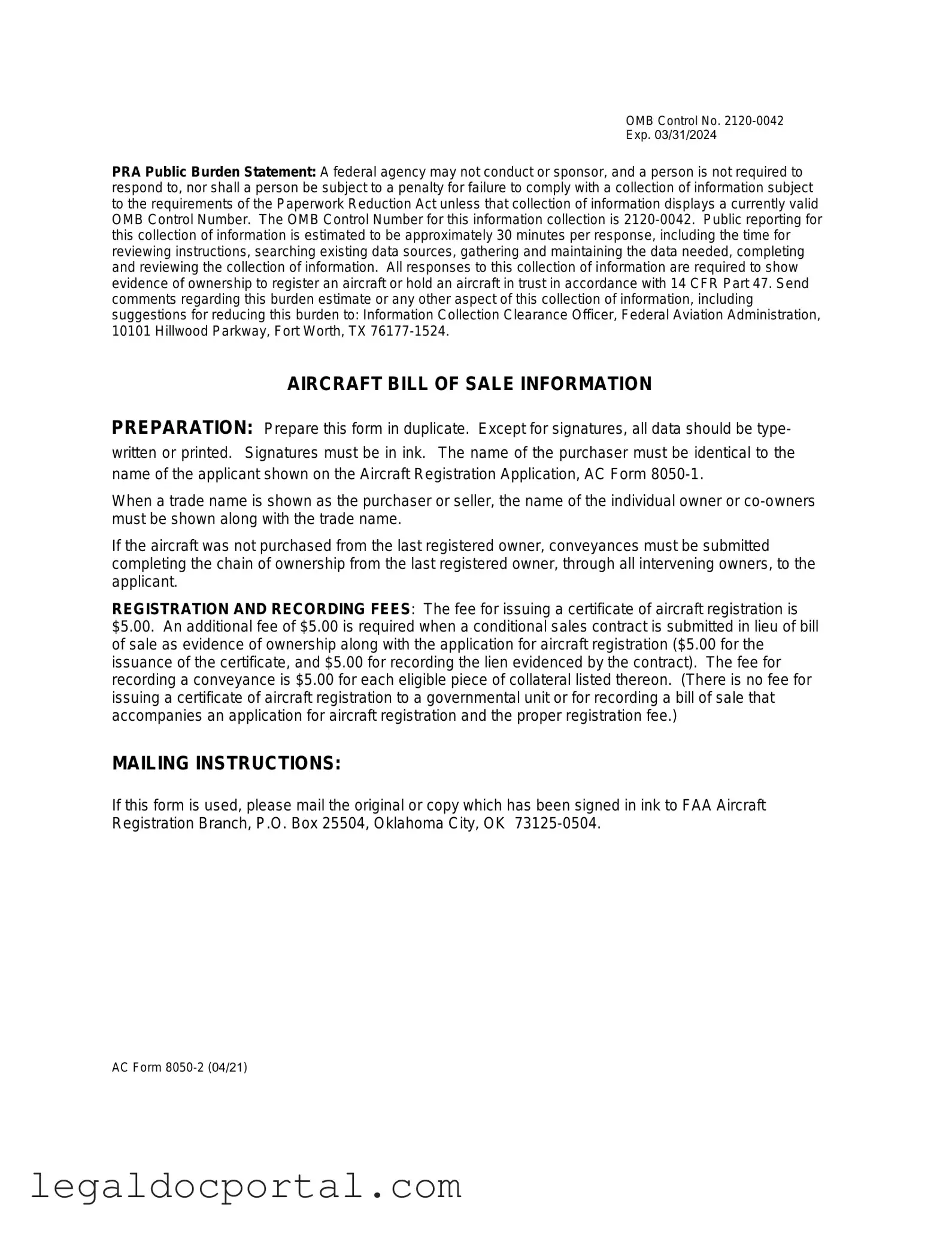 Printable Aircraft Bill of Sale AC 8050-2 Form