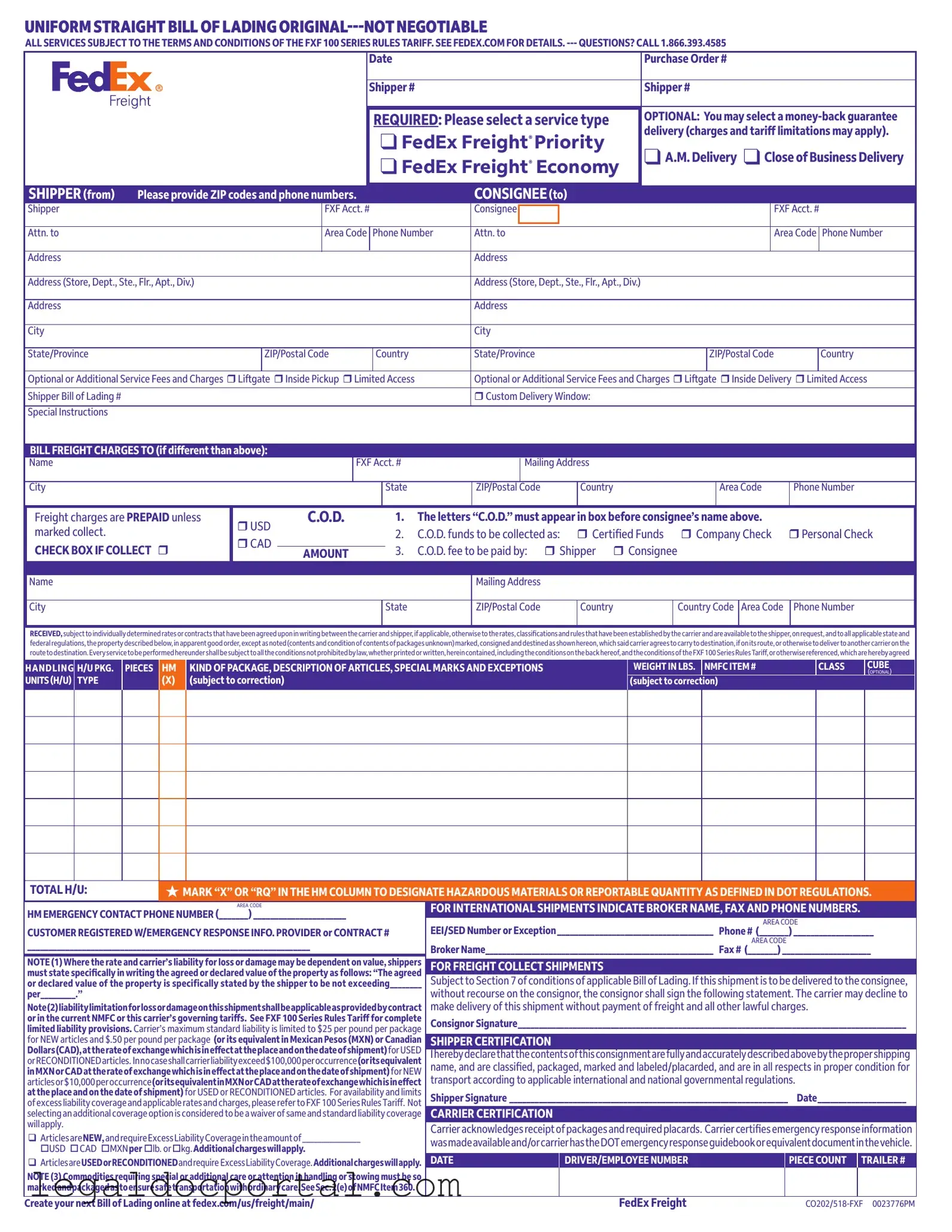 Printable Fedex Bill Of Lading Form