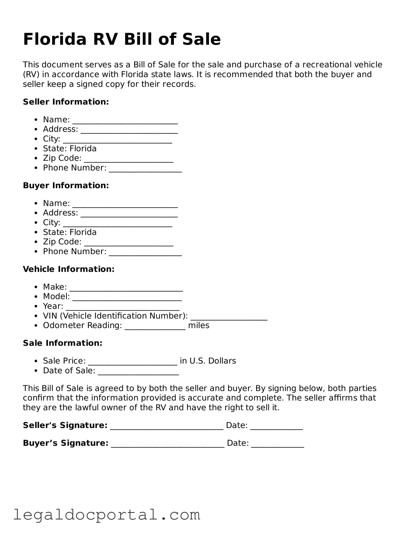 Attorney-Verified Florida RV Bill of Sale Form