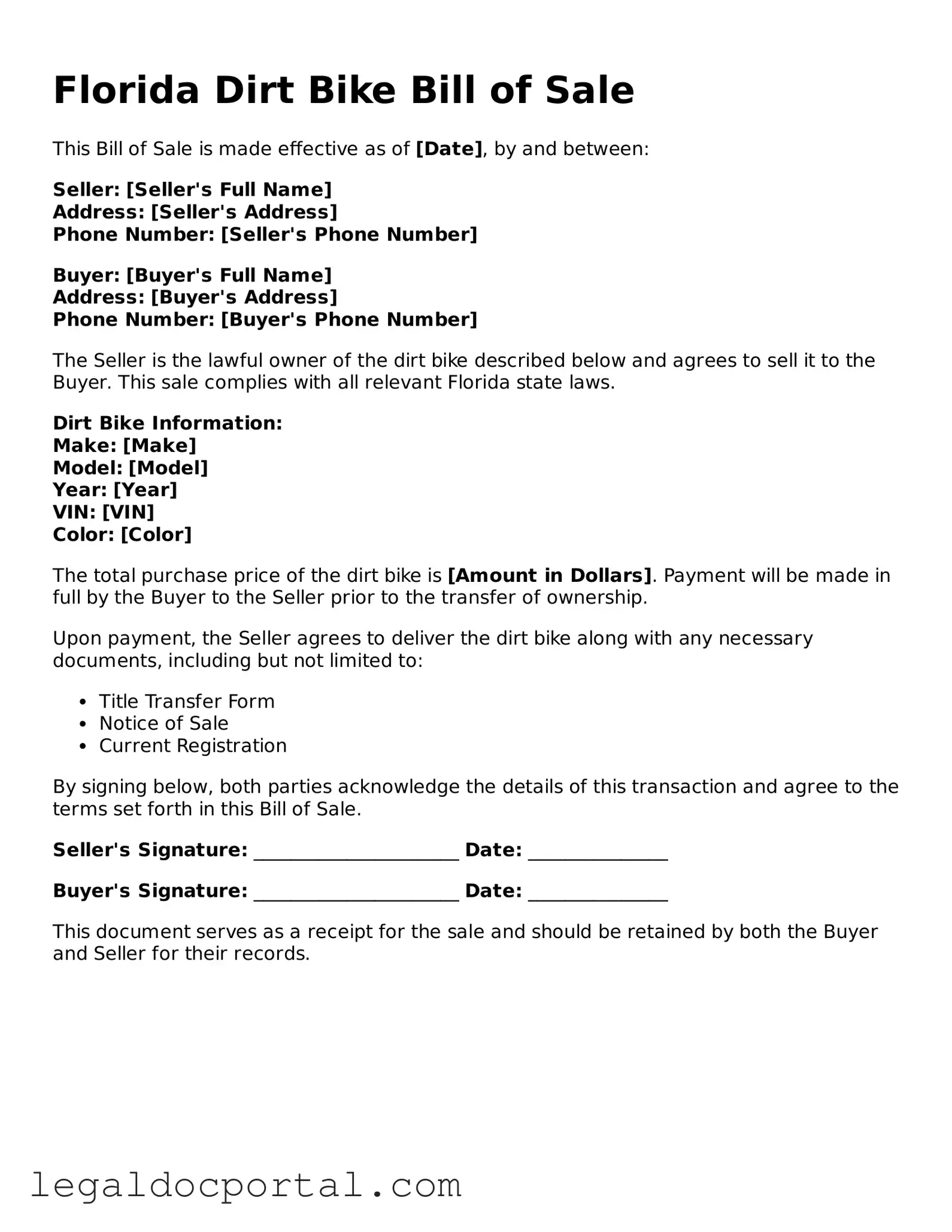 Attorney-Verified Florida Dirt Bike Bill of Sale Form