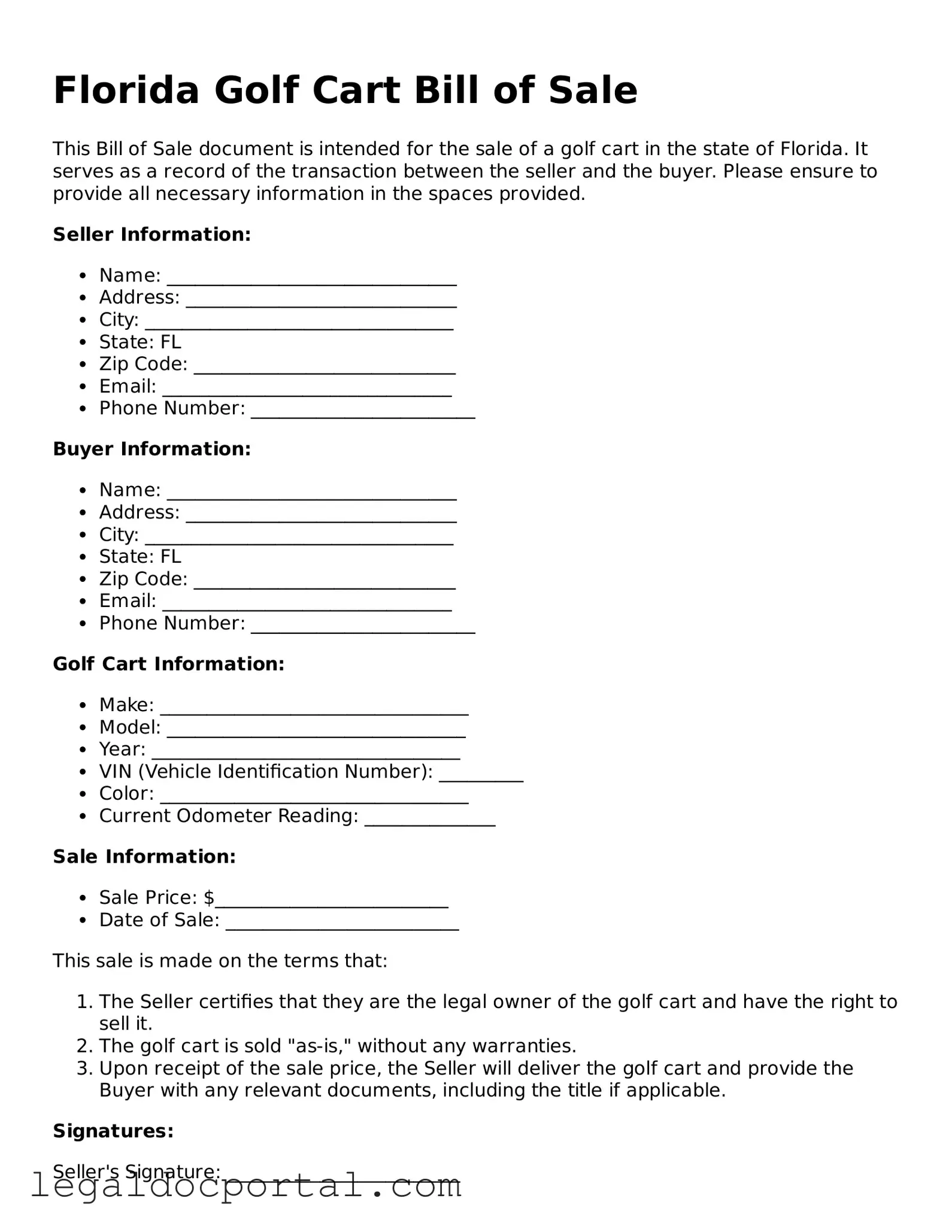 Attorney-Verified Florida Golf Cart Bill of Sale Form