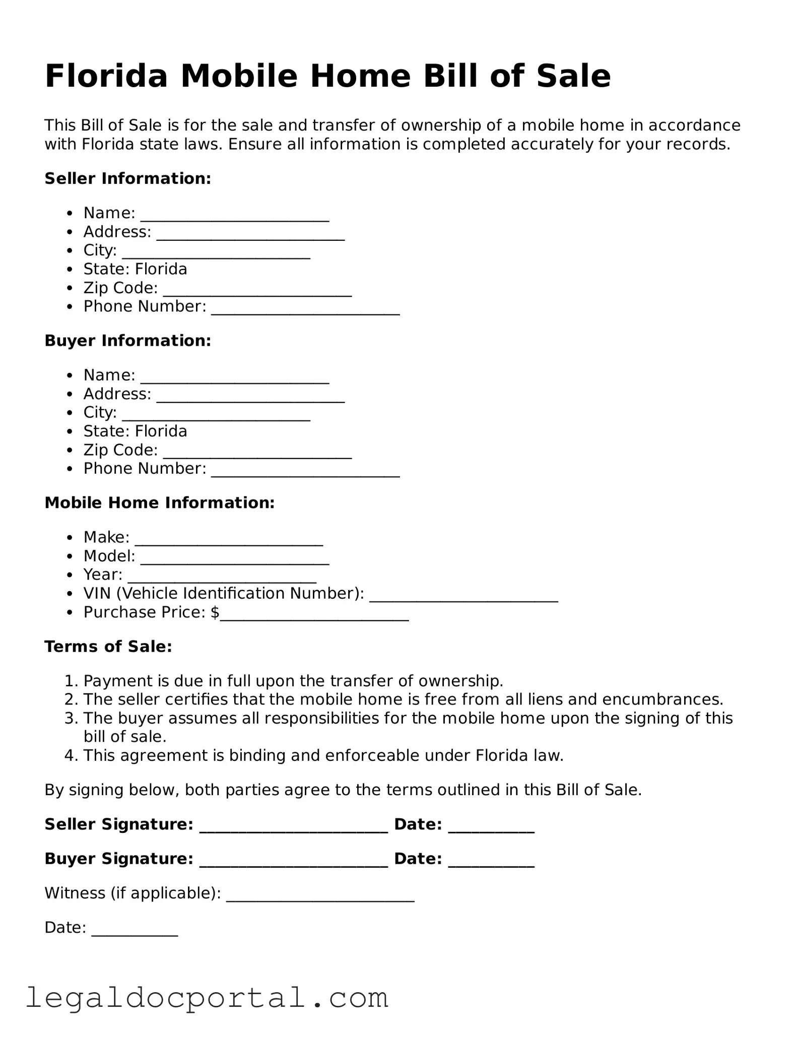 Attorney-Verified Florida Mobile Home Bill of Sale Form