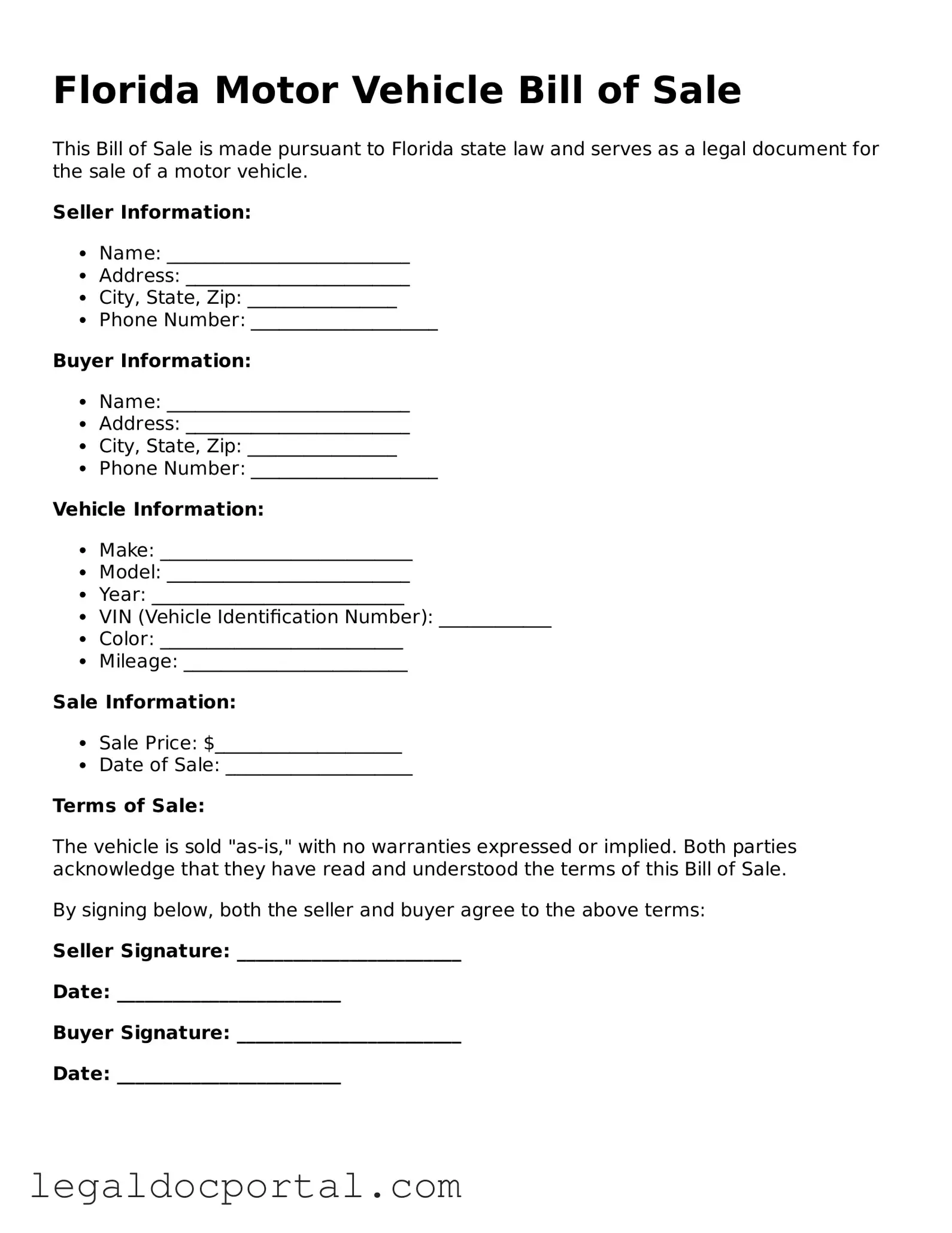 Attorney-Verified Florida Motor Vehicle Bill of Sale Form