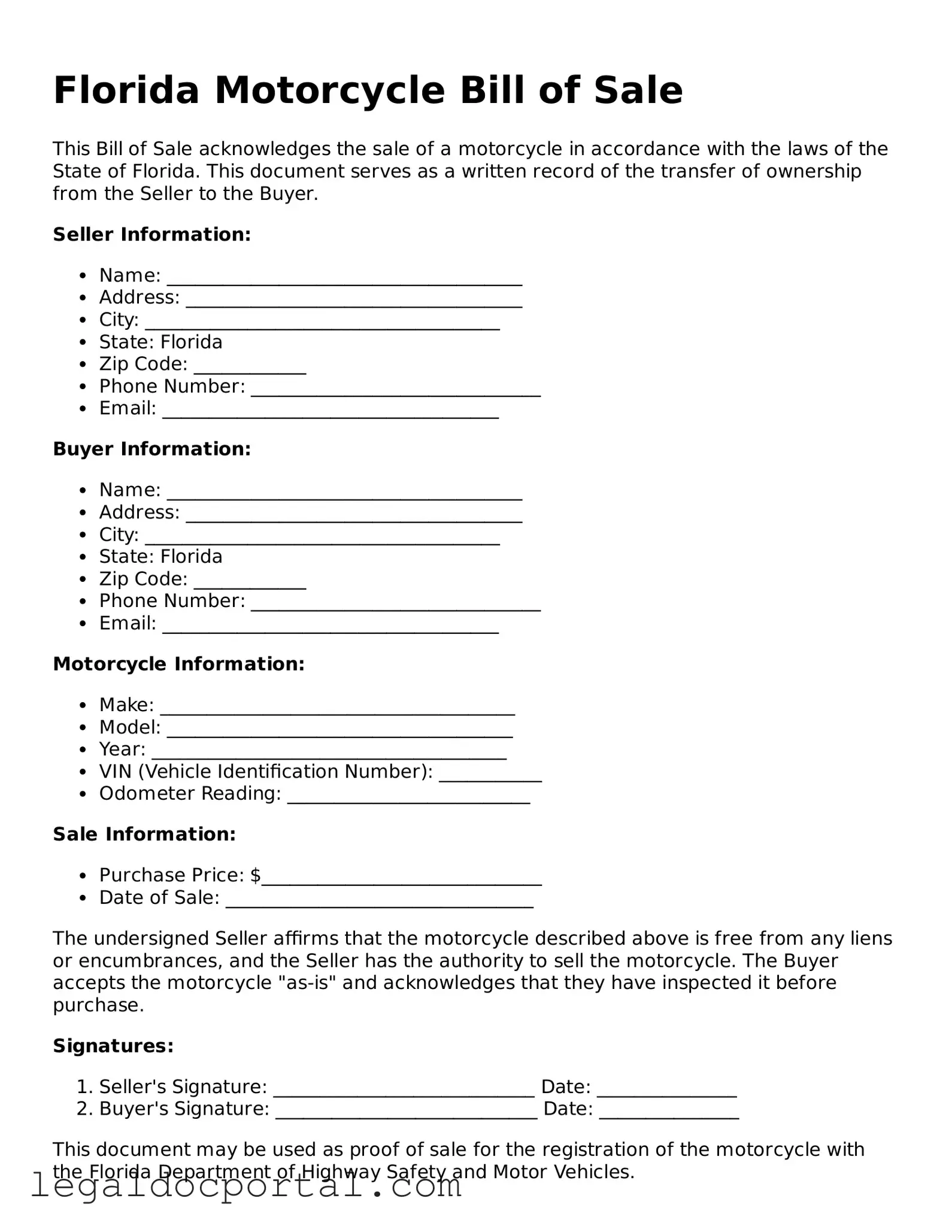 Attorney-Verified Florida Motorcycle Bill of Sale Form