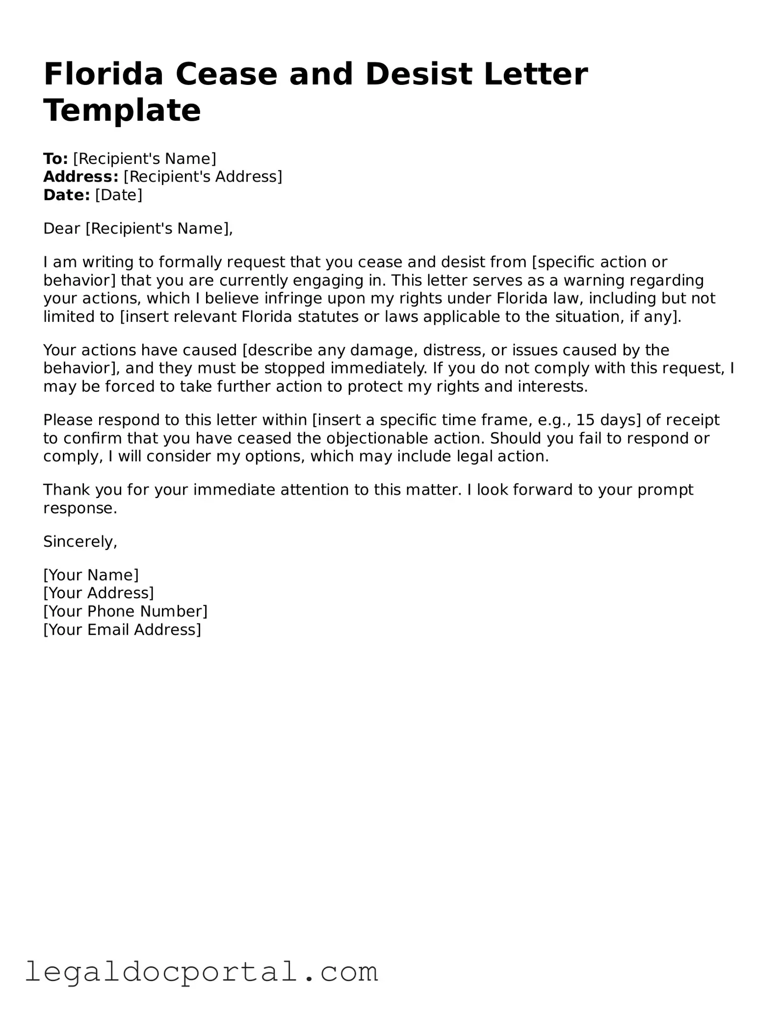 Attorney-Verified Florida Cease and Desist Letter Form