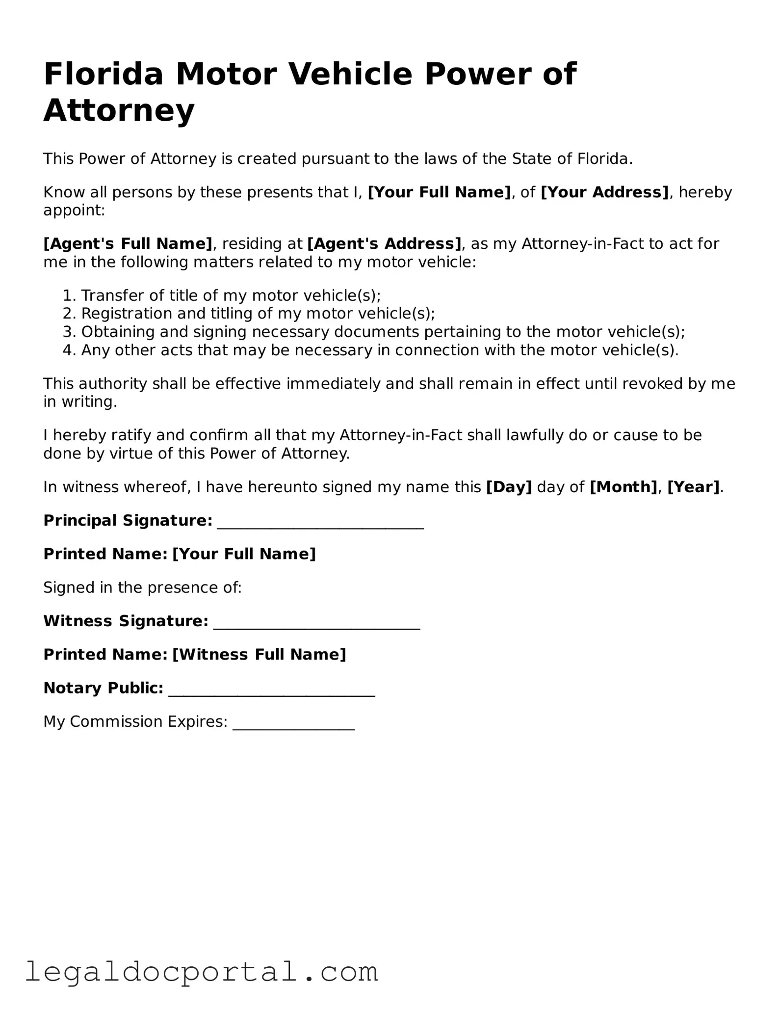 Attorney-Verified Florida Motor Vehicle Power of Attorney Form