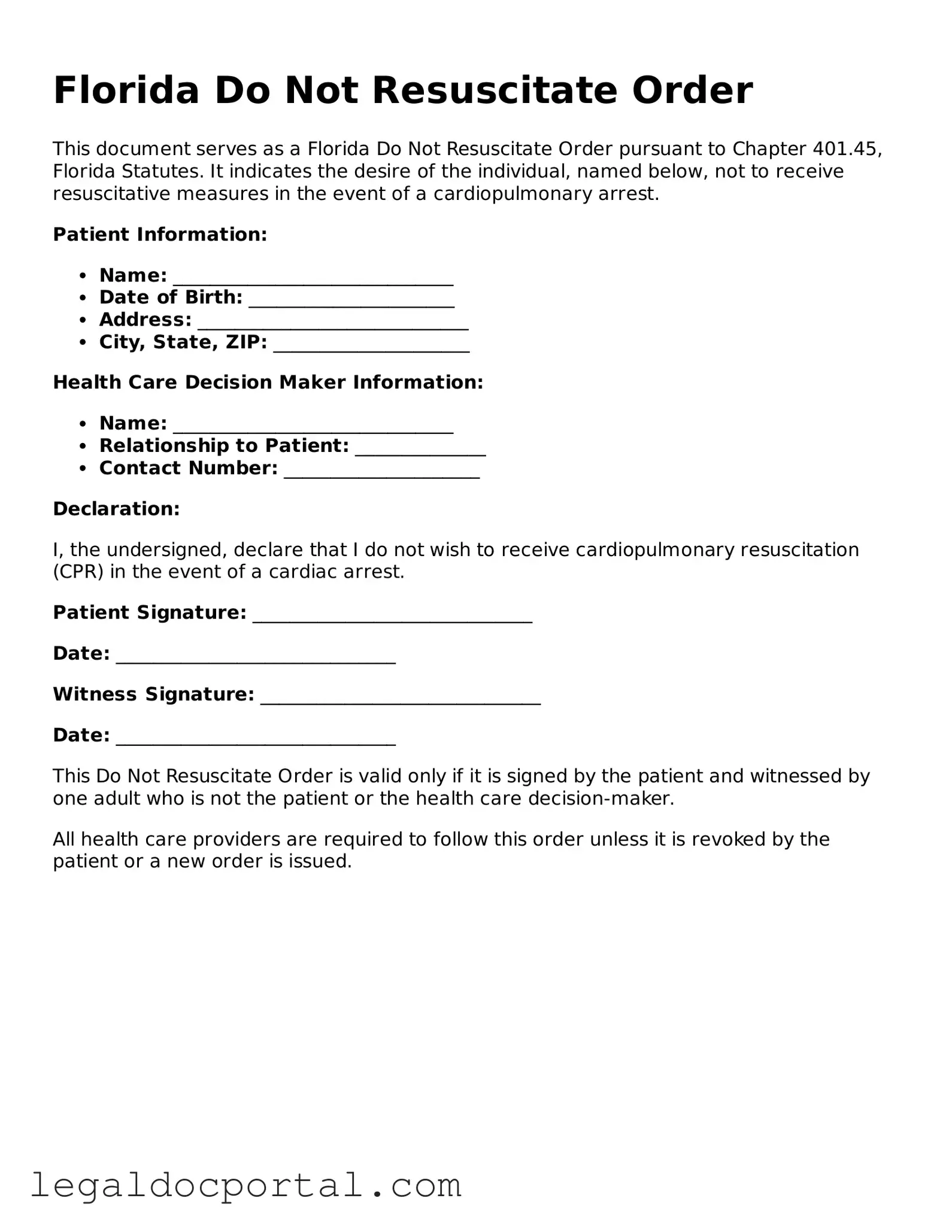 Attorney-Verified Florida Do Not Resuscitate Order Form