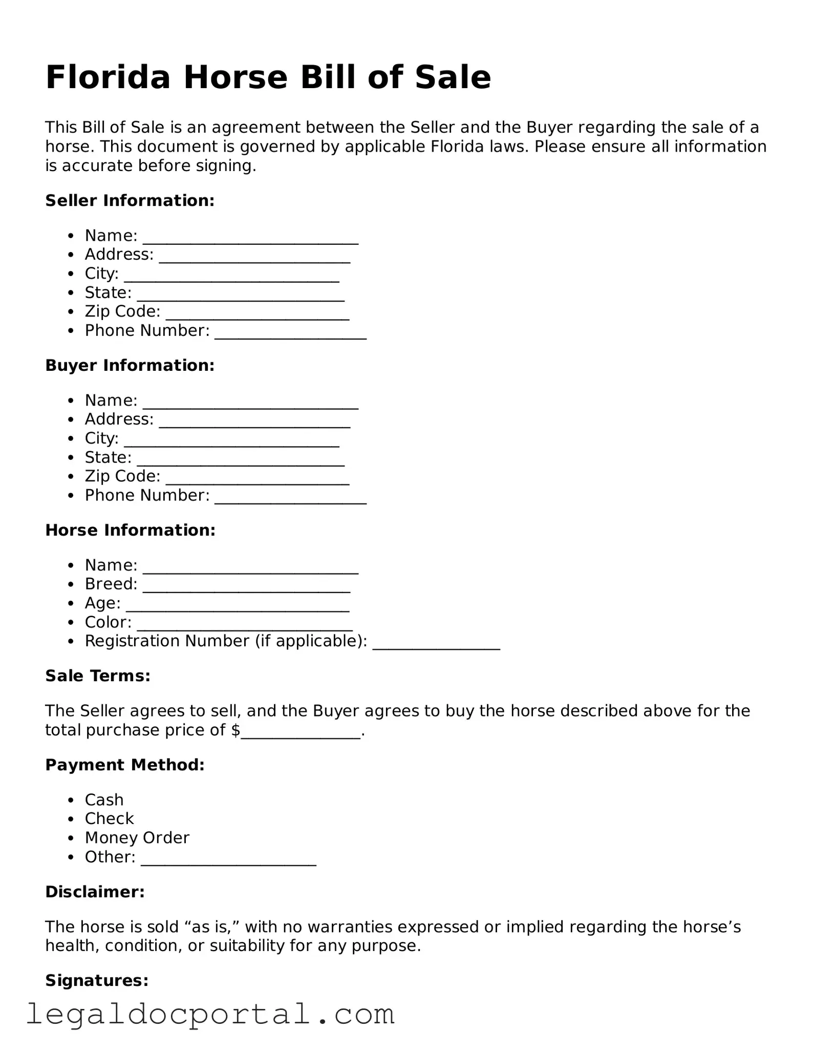 Attorney-Verified Florida Horse Bill of Sale Form