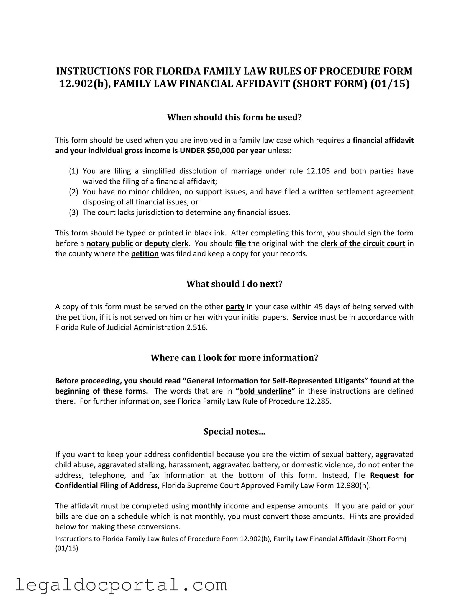 Printable Florida Financial Affidavit Short 12.902(b) Form
