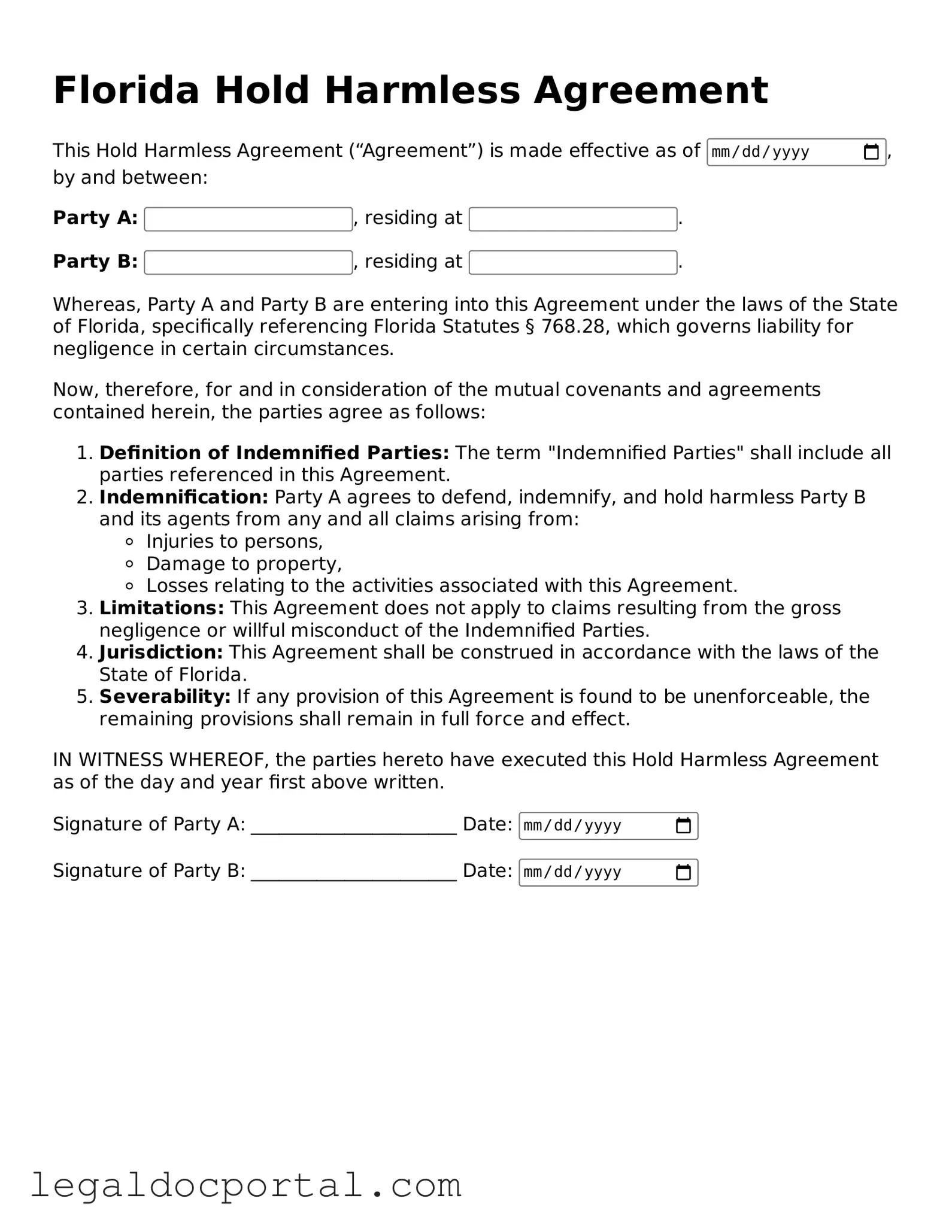 Attorney-Verified Florida Hold Harmless Agreement Form