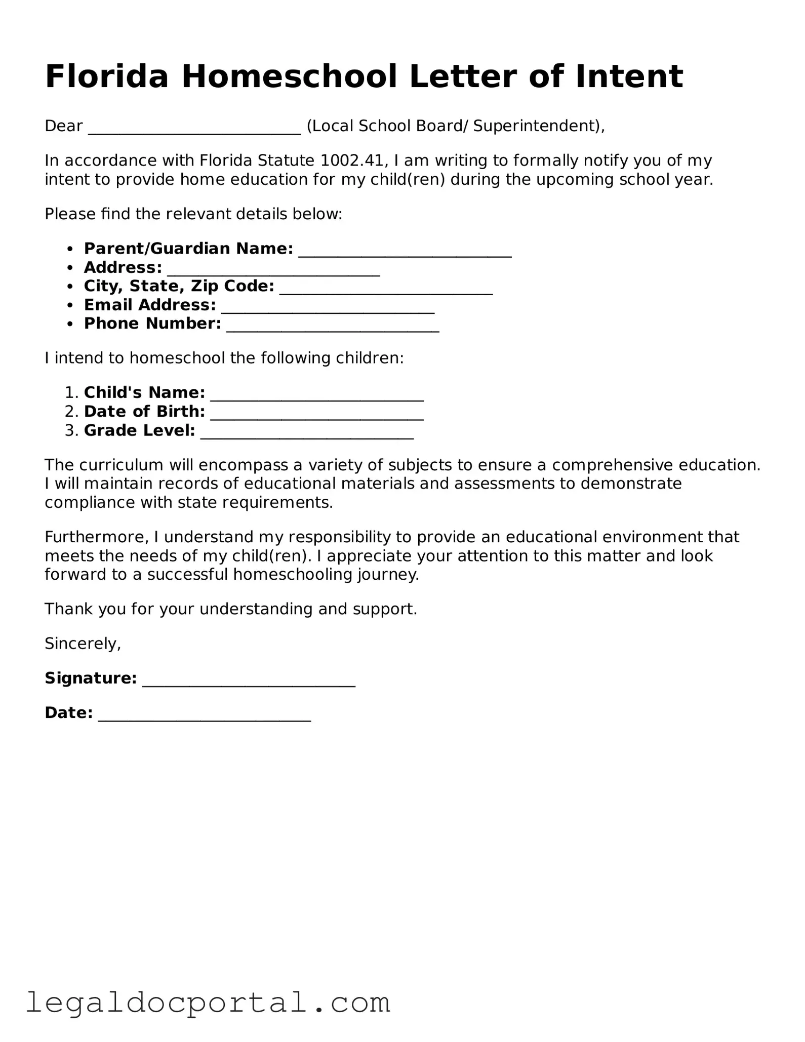 Attorney-Verified Florida Homeschool Letter of Intent Form