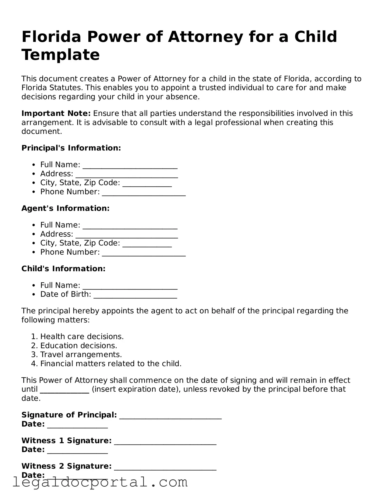 Attorney-Verified Florida Power of Attorney for a Child Form