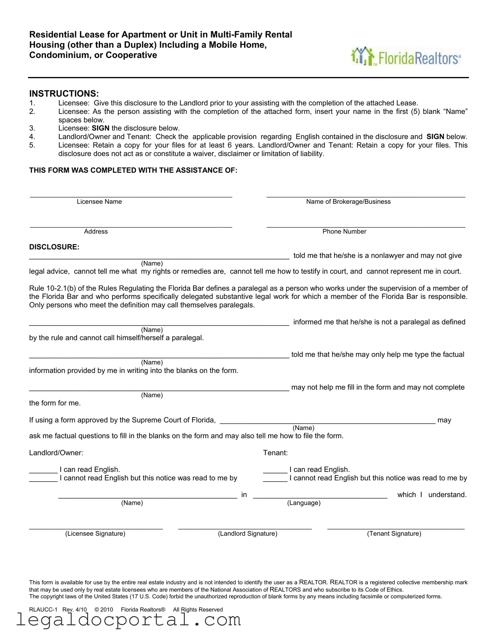 Printable Florida Realtors Residential Lease Form