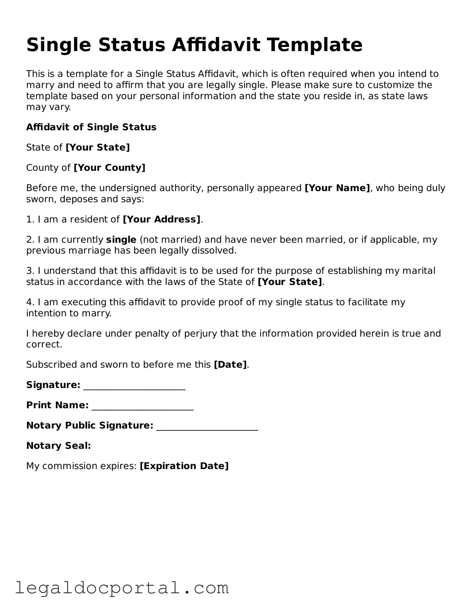 Official Single Status Affidavit Document