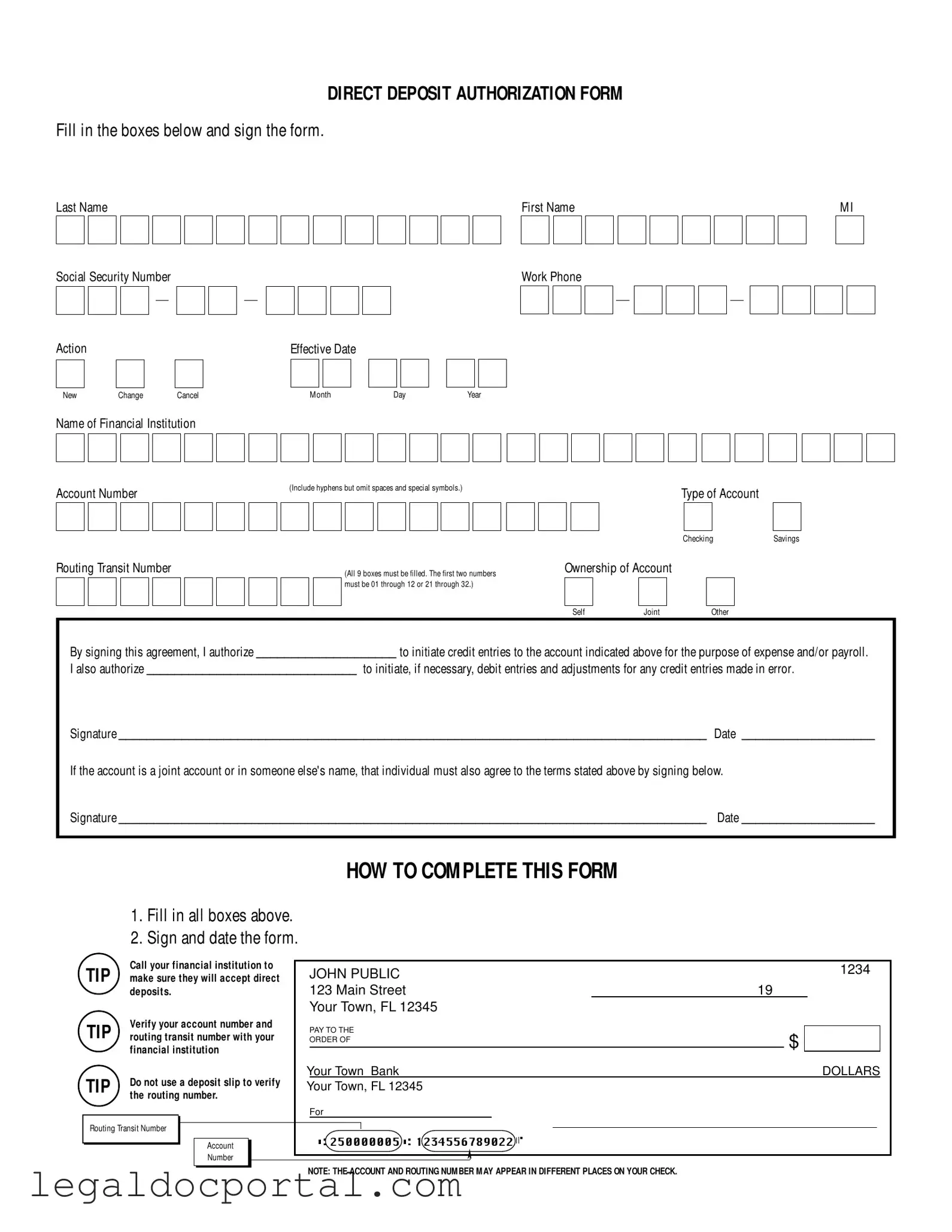 Printable Generic Direct Deposit Form