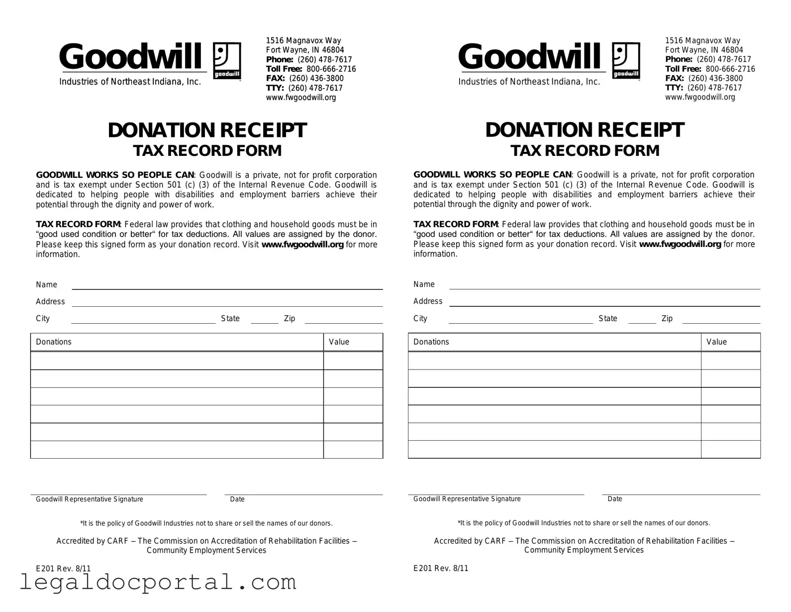 Printable Goodwill donation receipt Form