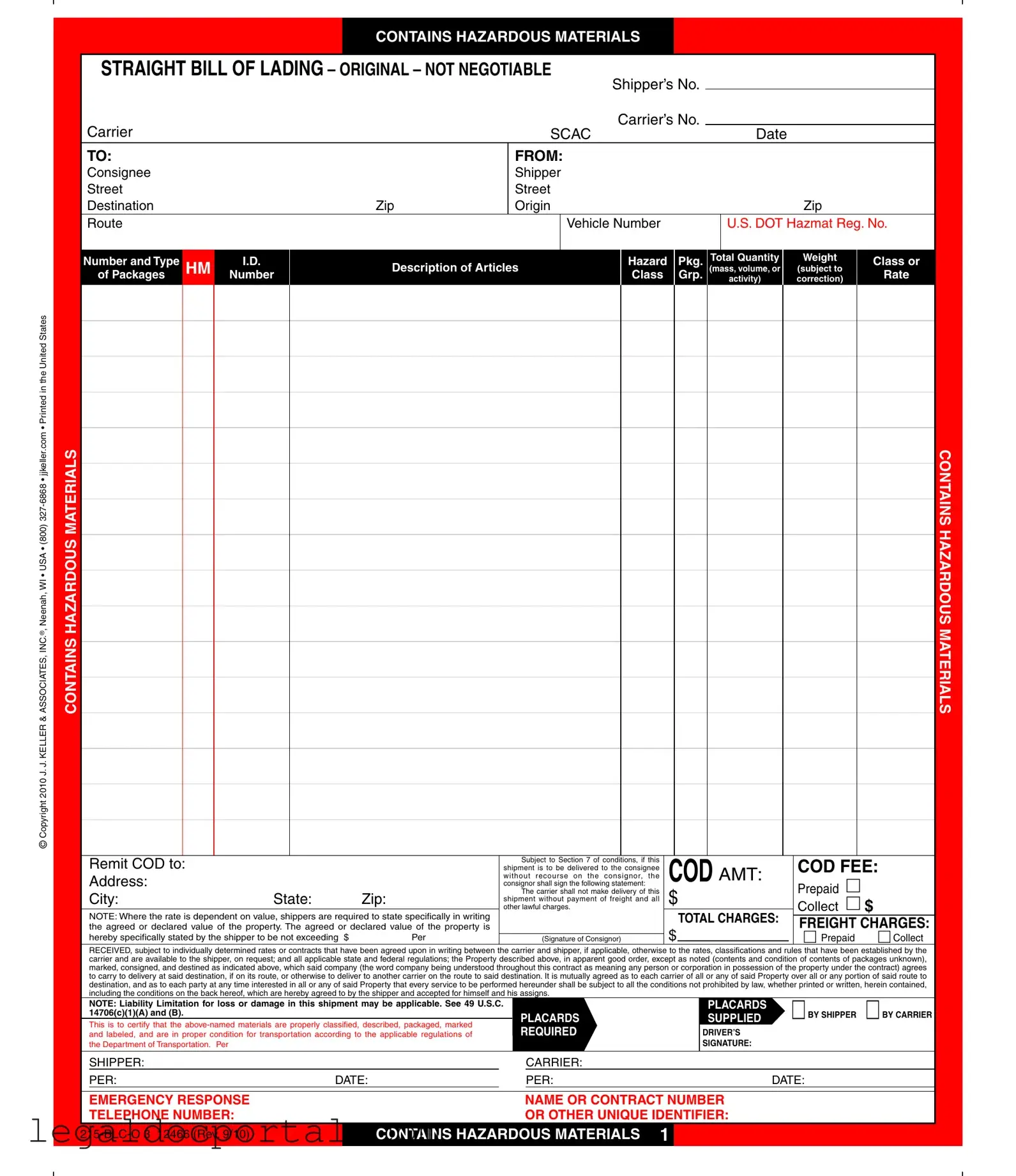 Printable Hazard Bill Of Ladden Form