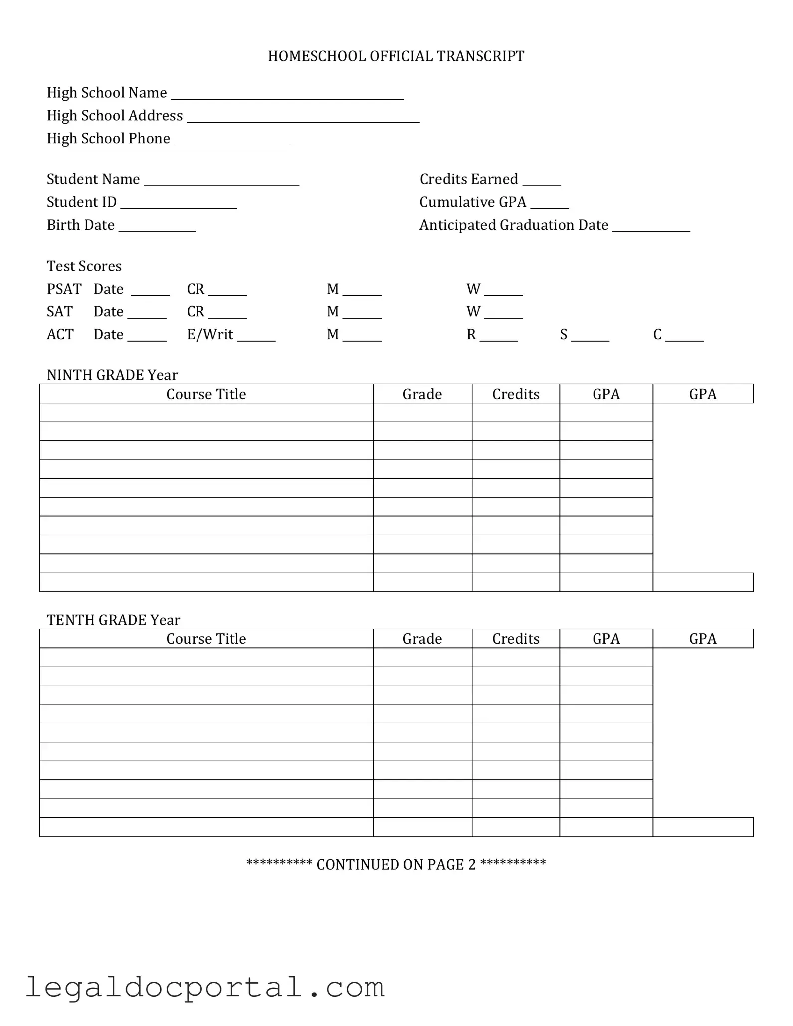 Printable High School Transcript Form