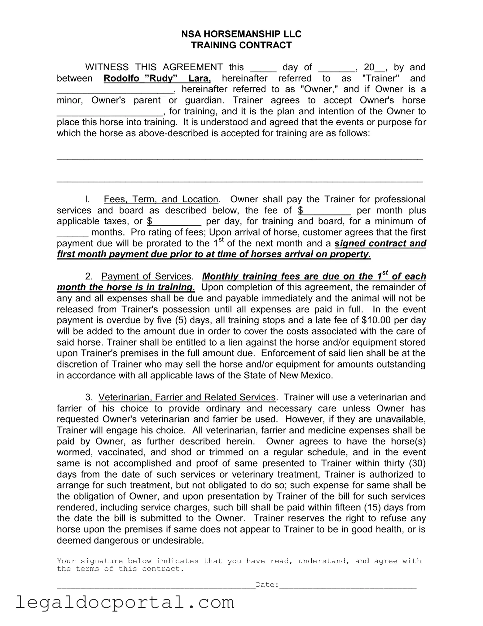 Printable Horse Training Contract Form