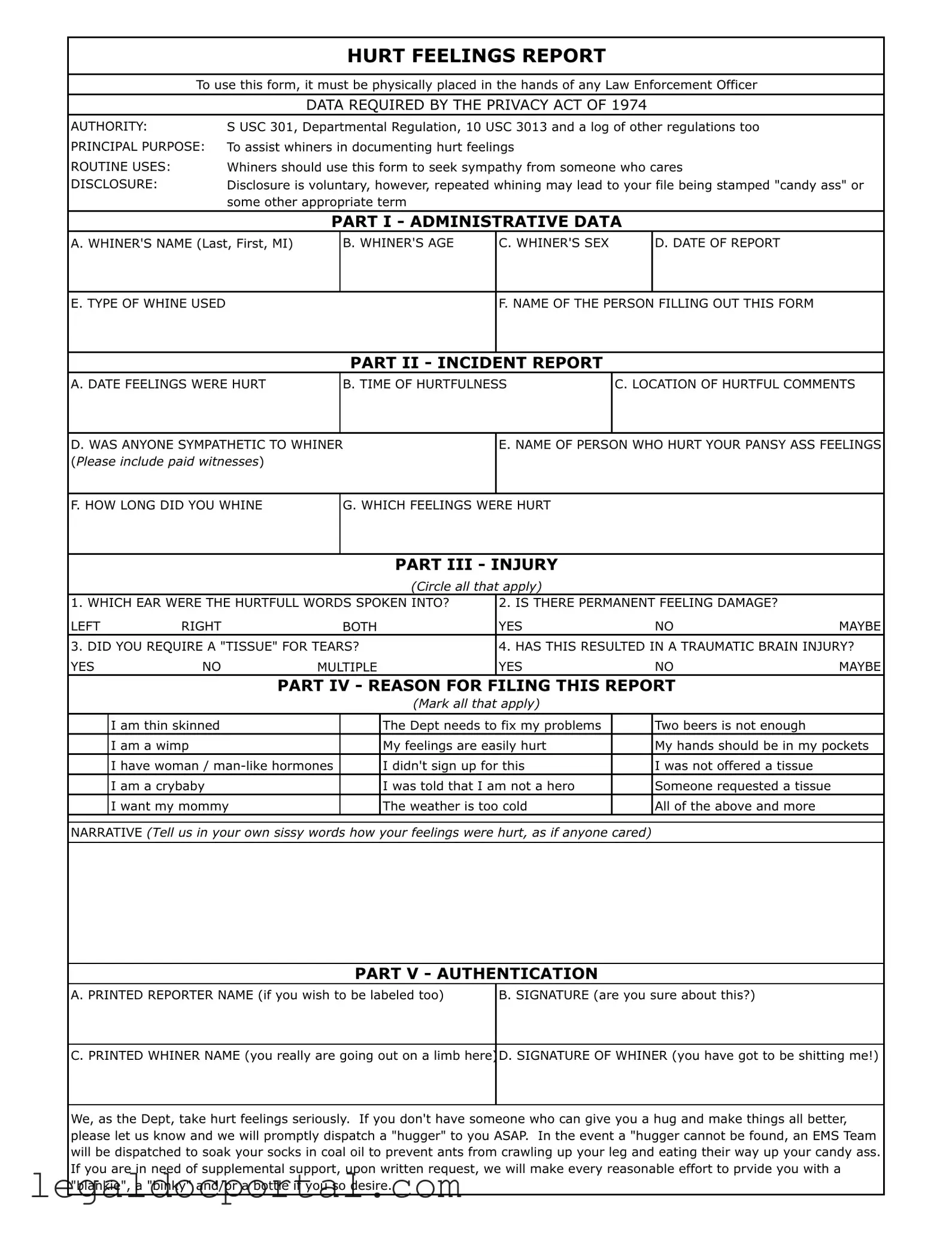 Printable Hurt Feelings Report Form