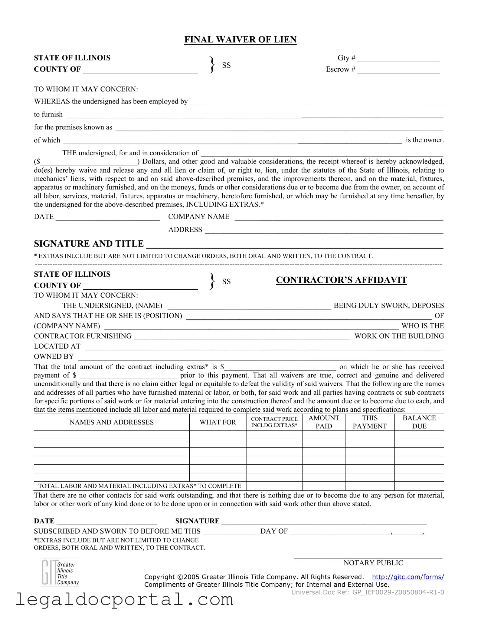 Printable Illinois Final Waiver Of Lien Form