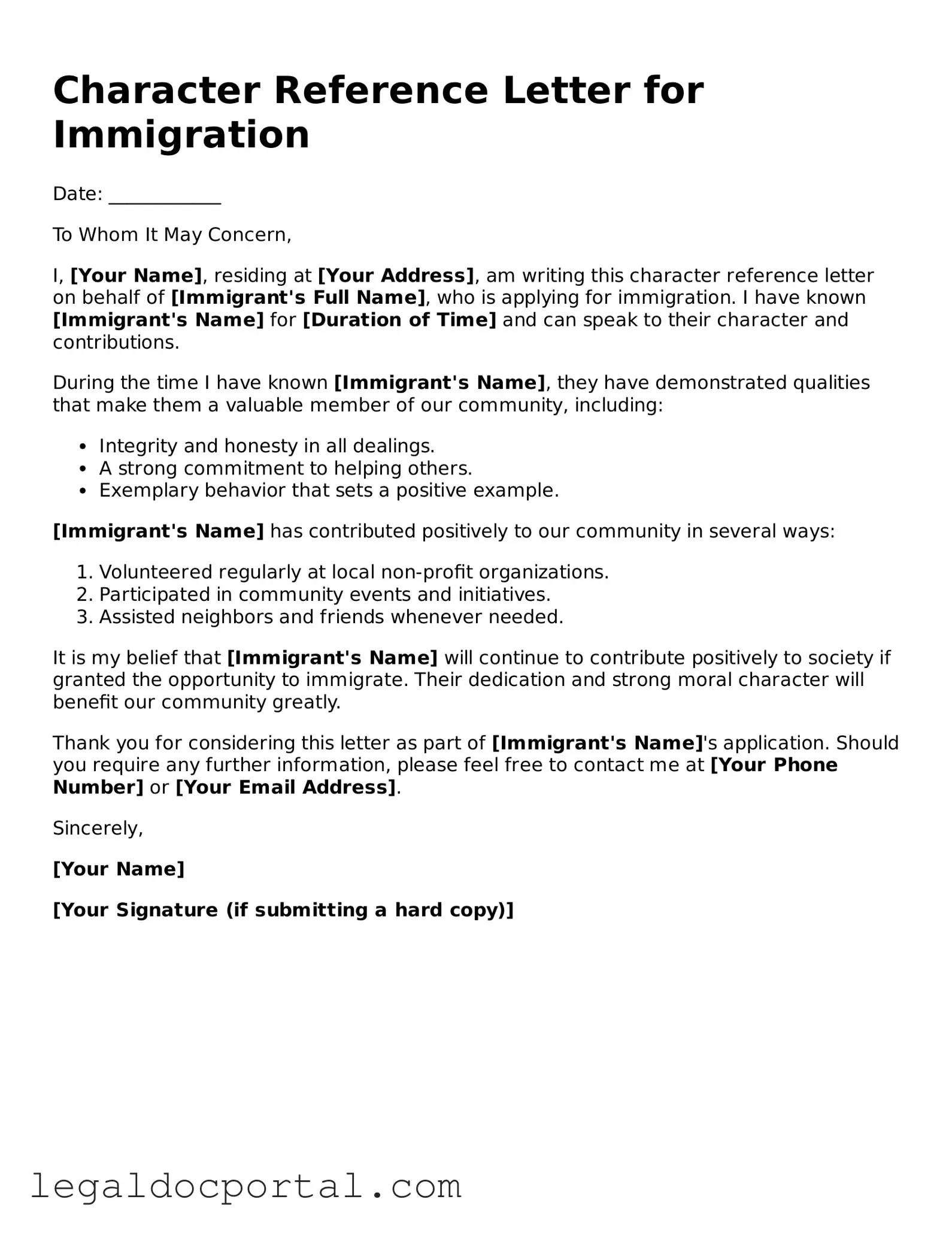 Official Character Reference Letter for Immigration Document