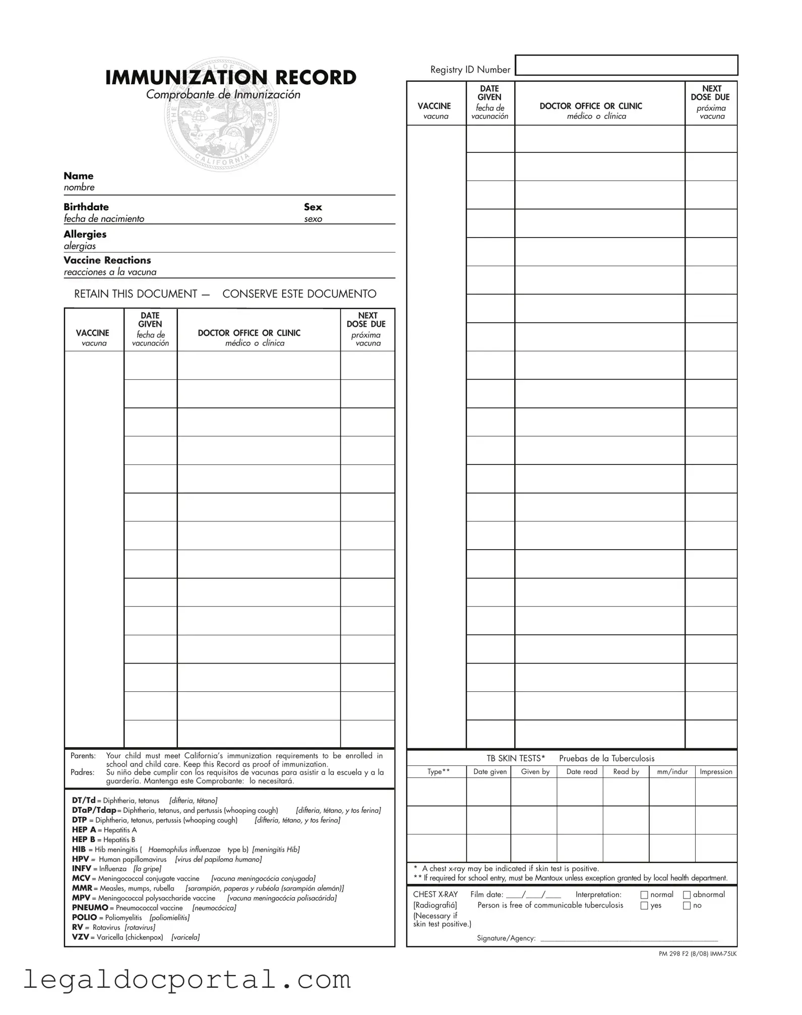 Printable Immunization Record Form