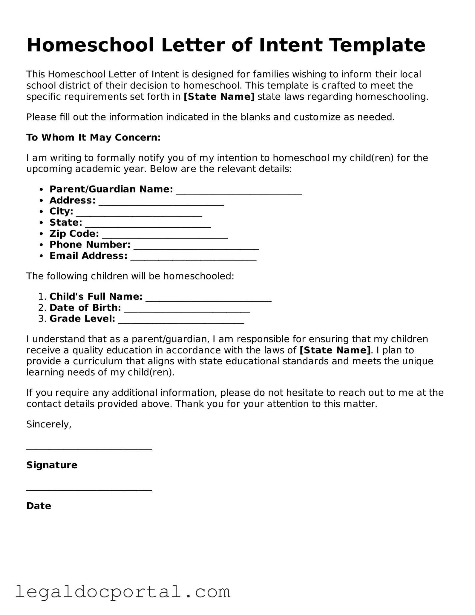 Official Homeschool Letter of Intent Document
