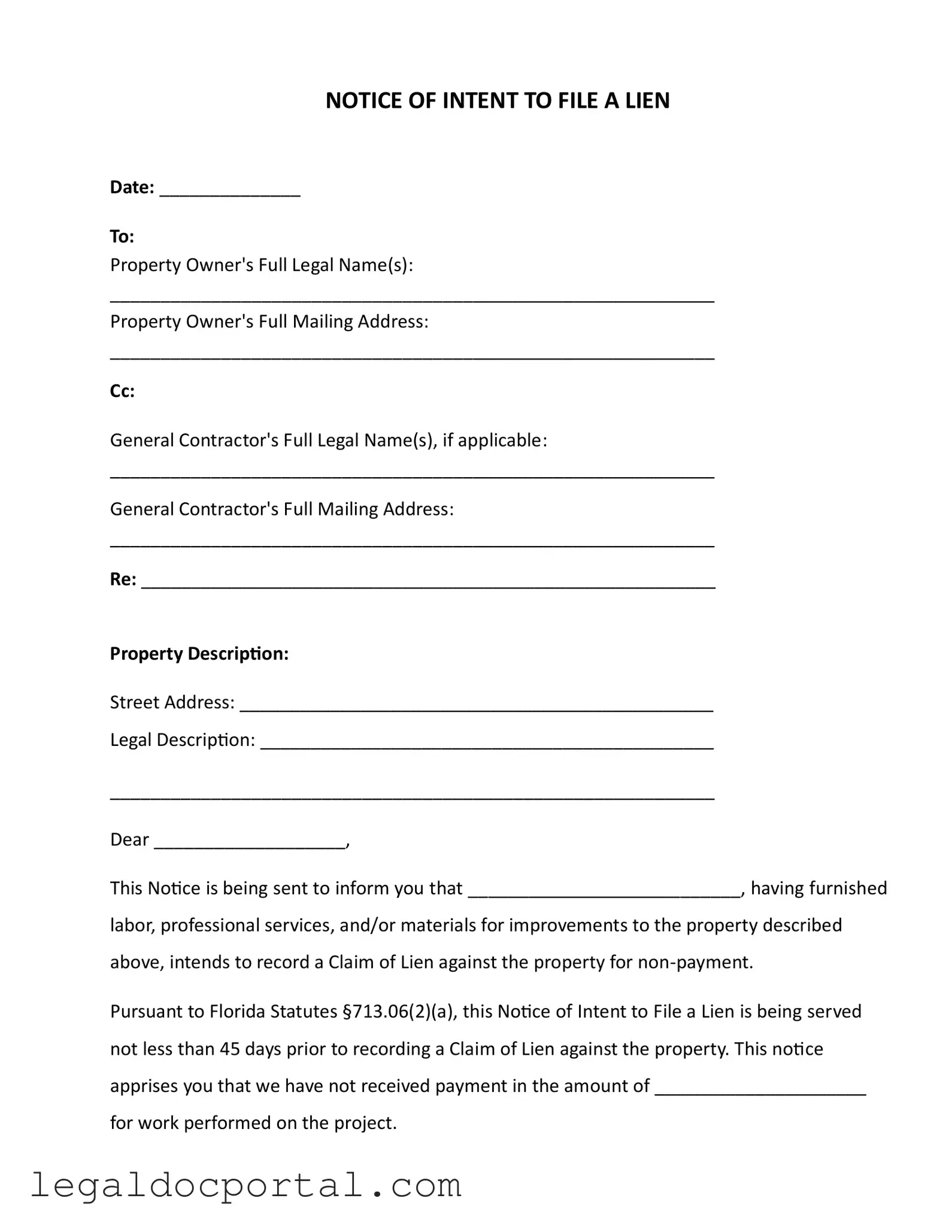Printable Intent To Lien Florida Form