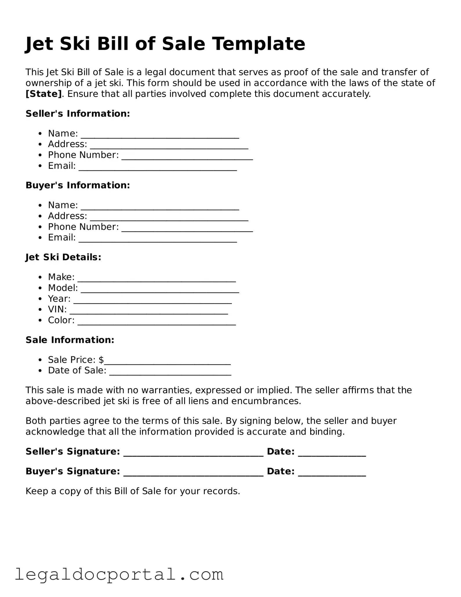Official Jet Ski Bill of Sale Document