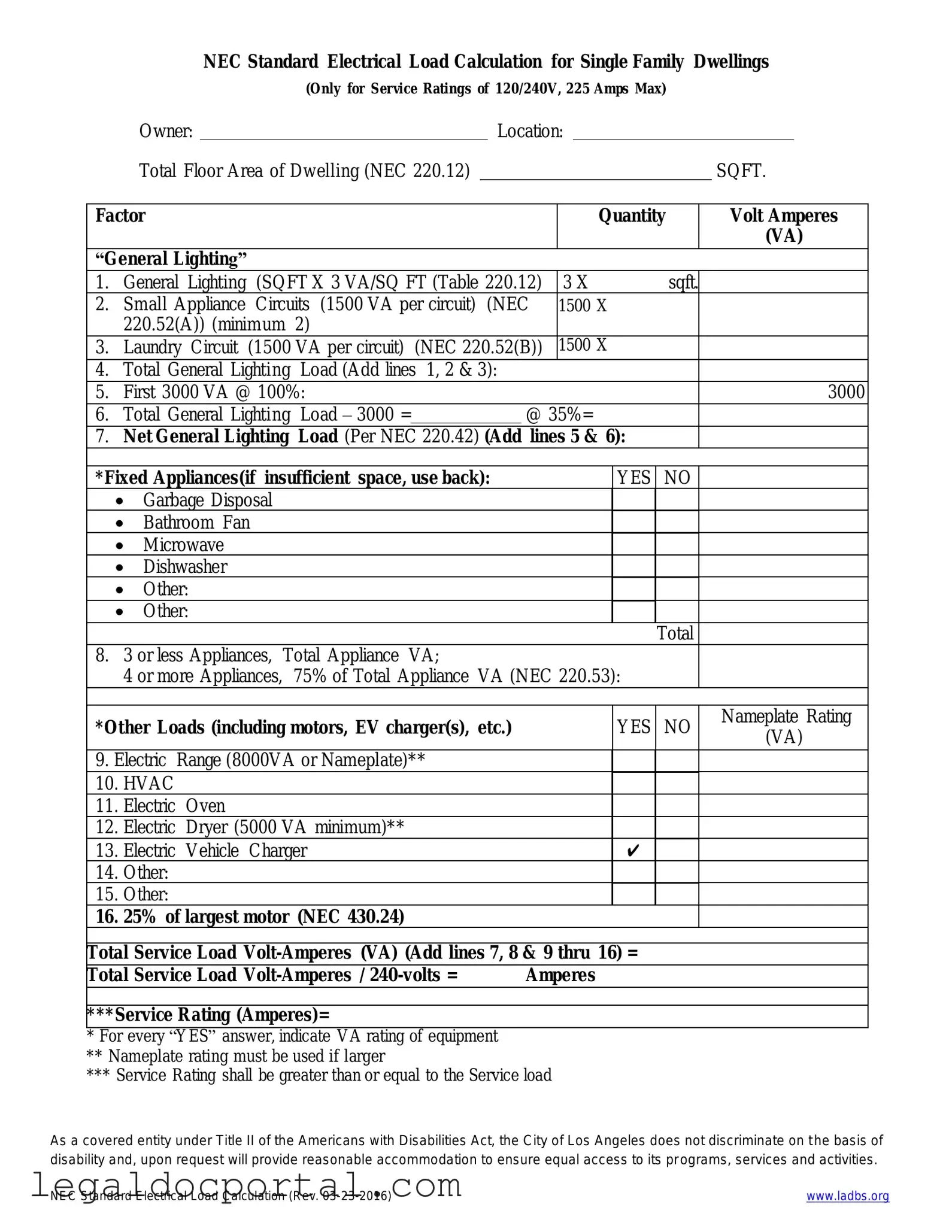 Printable LADBS NEC Standard Electrical Load Calculation Form