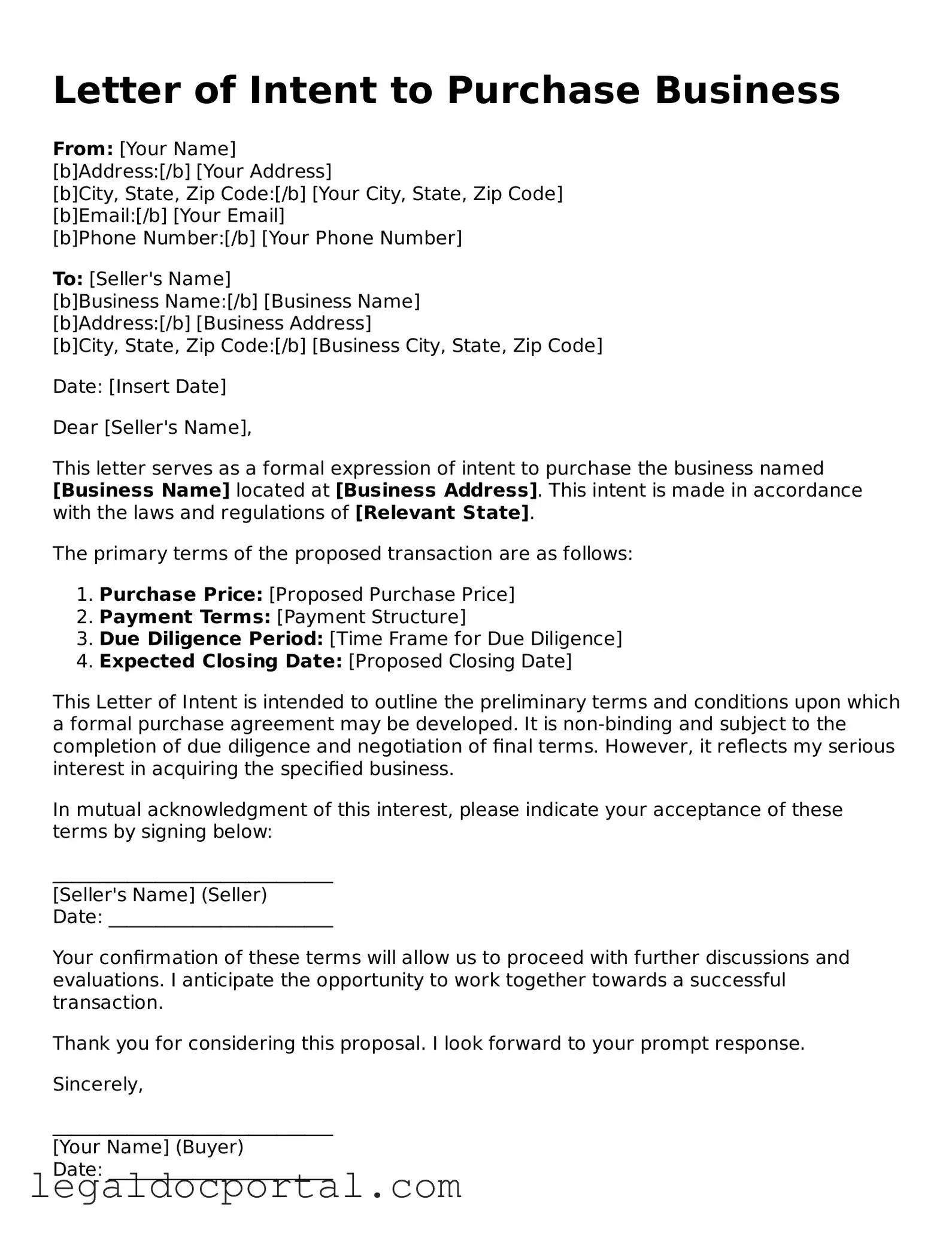 Official Letter of Intent to Purchase Business Document
